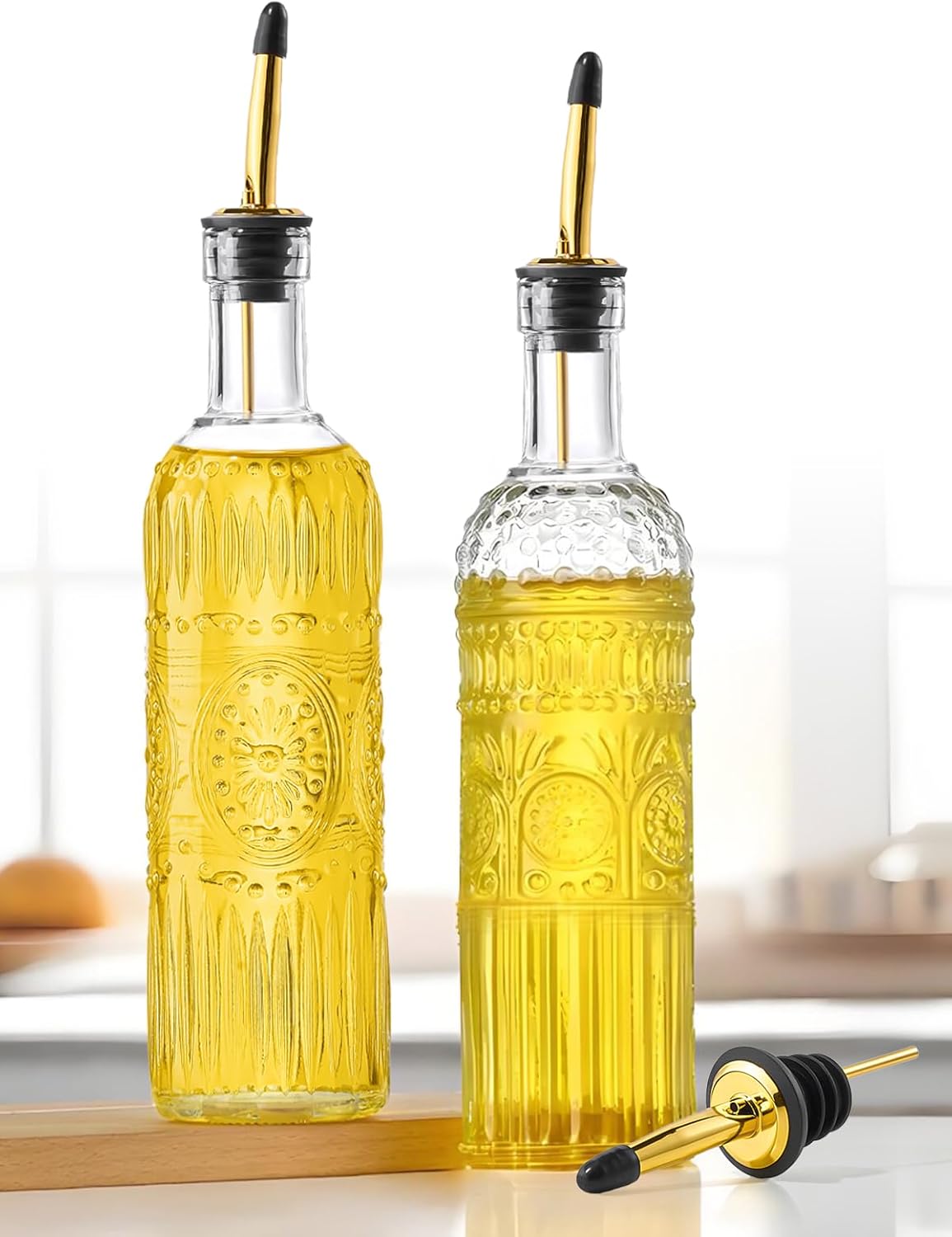 2 Pcs Olive Oil Dispenser Bottle for Kitchen,17oz Clear Glass Cooking Oil and Vinegar Dispenser