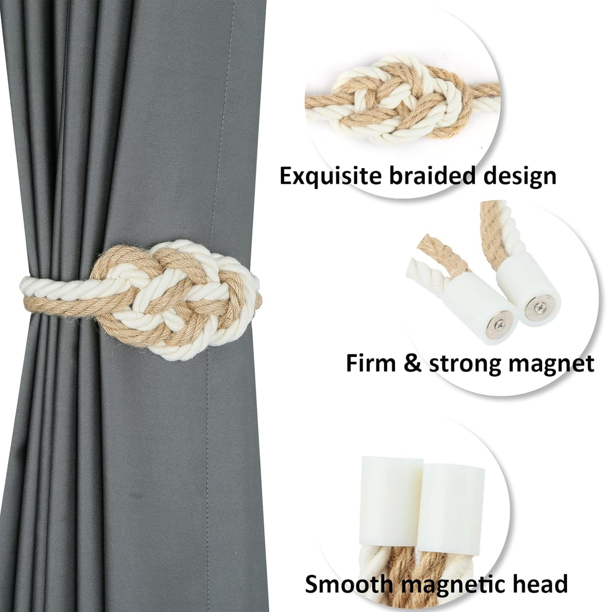 4 Pack Natural Jute Magnetic Curtain Tiebacks, Boho Rustic Style Decorative Curtain Ties Backs for