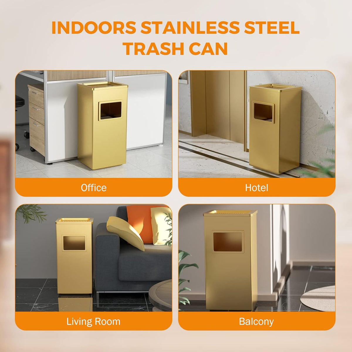 BEAMNOVA Trash Can Indoor Outdoor Black Stainless Steel Commercial Garbage Can Industrial Garbage