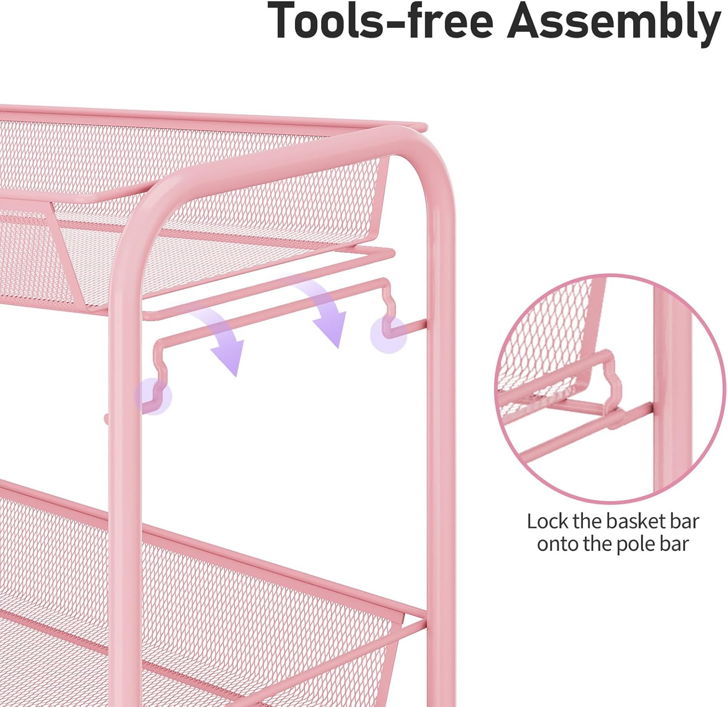 TOOLF 3 Tier Rolling Utility Cart - Durable Metal Design Pink Utility Cart, Storage Trolley on