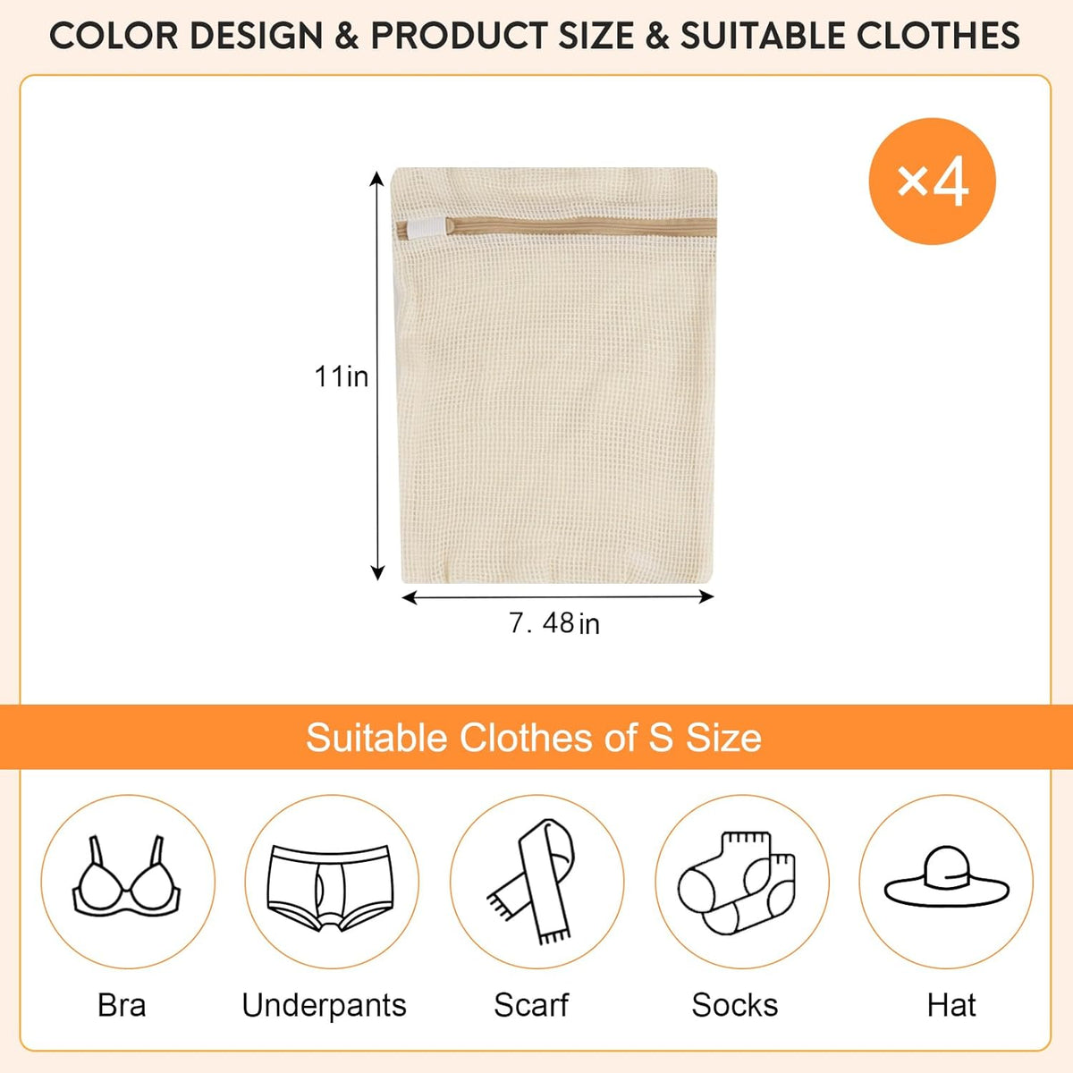 4 Piece Small, Durable Organic Cotton Mesh Laundry Bag with Strong Zipper and Breathable Mesh