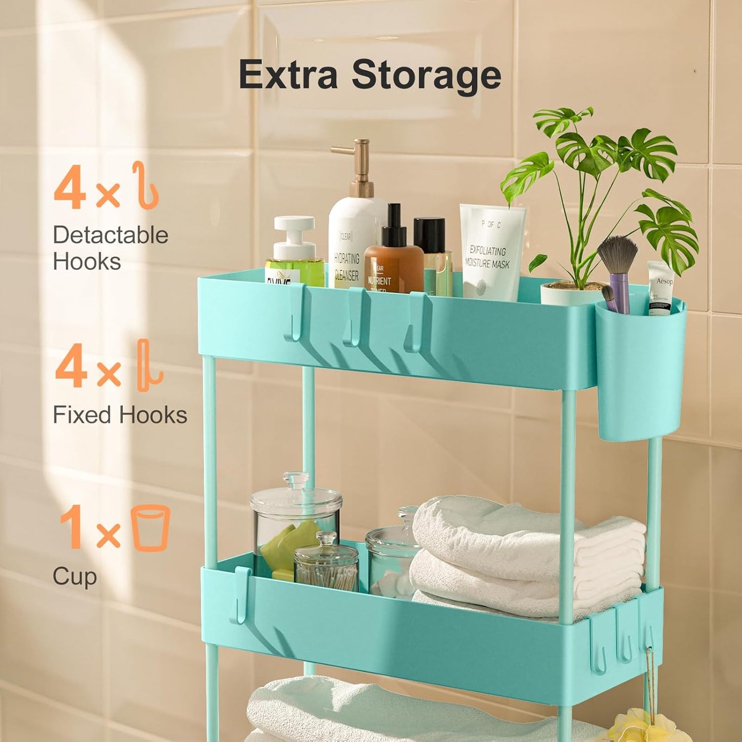 Pipishell Slim Storage Cart with Wheels, 4 Tier Bathroom Storage Organizer Rolling Utility Cart for