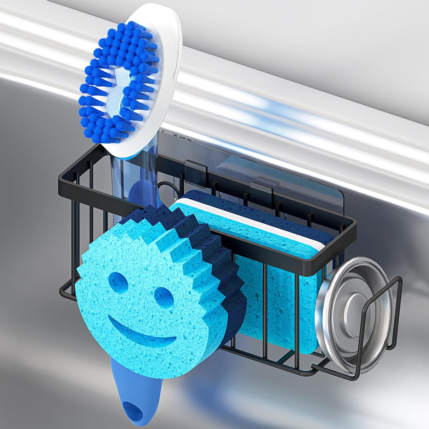 Sponge Holder for Kitchen Sink,Sink Caddy Smiley Face,4-in-1 Sponge Holder with Suction Cups & 1