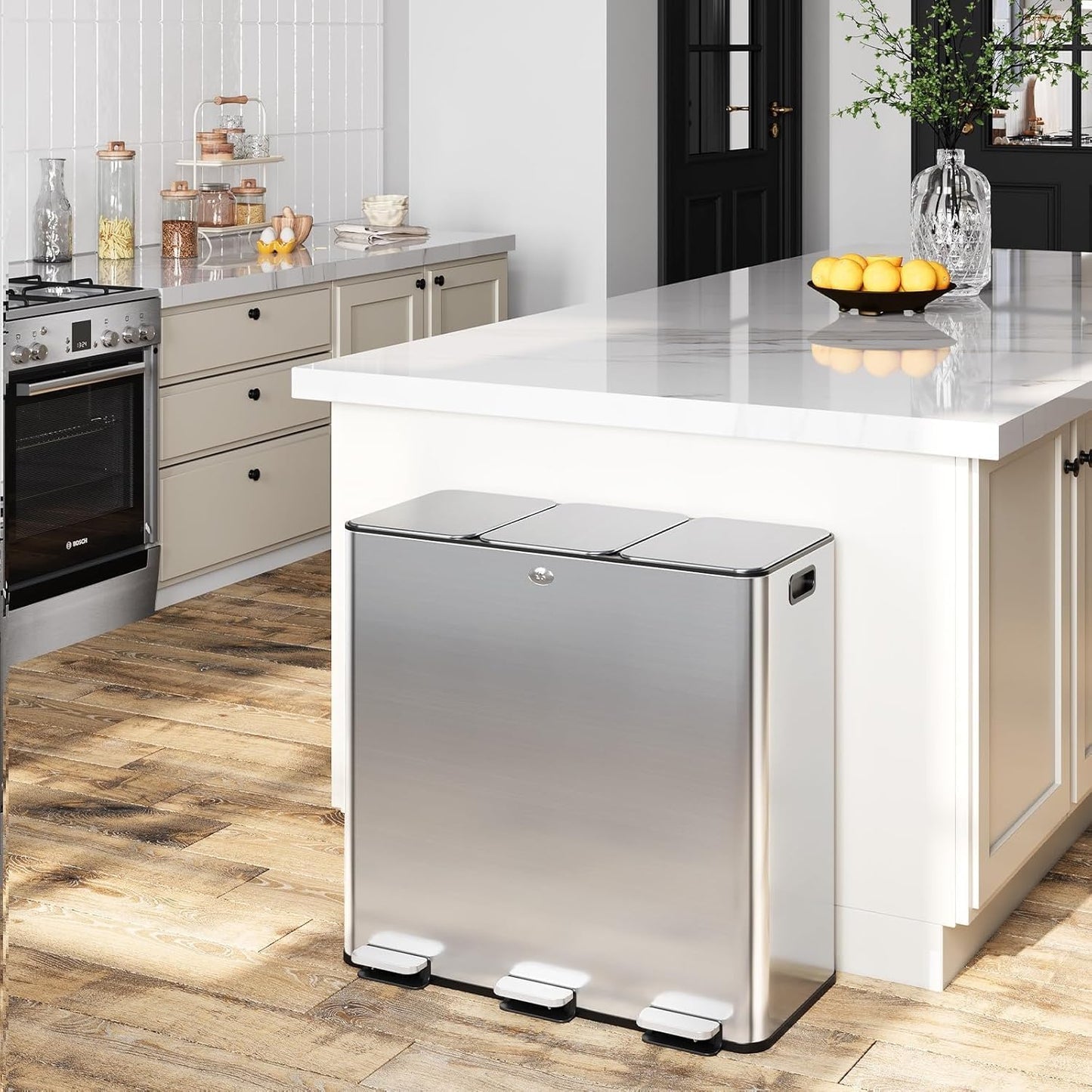 GarveeHome Trash Can 90L/23.8Gal, Three Compartments Pedal Kitchen Recyclingtrash Bin with