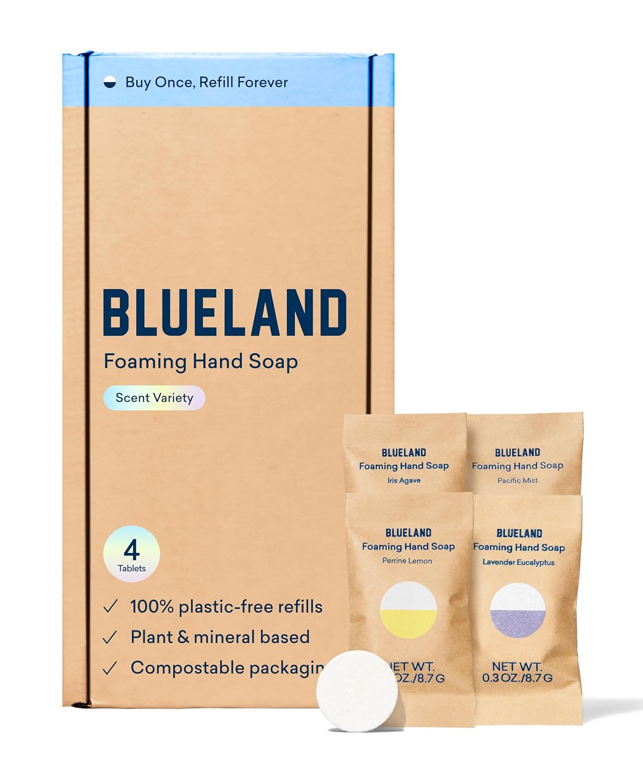 BLUELAND Foaming Hand Soap Refill Tablets, 4-Pack, Variety Pack Scents, Eco Friendly Cleaning