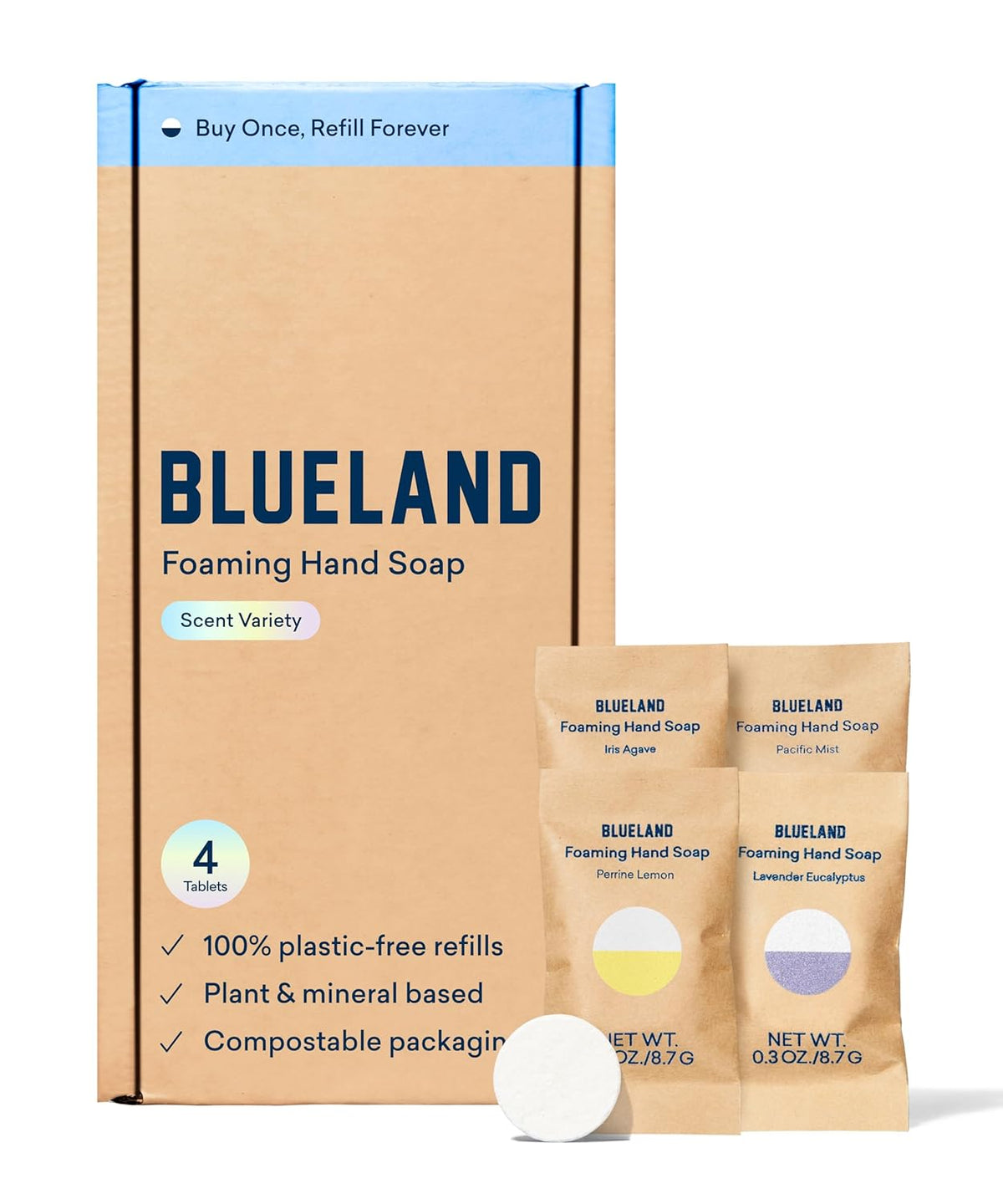 BLUELAND Foaming Hand Soap Refill Tablets, 4-Pack, Variety Pack Scents, Eco Friendly Cleaning