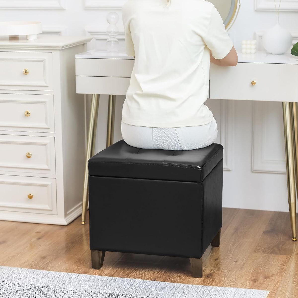 Adeco Faux Leather Storage Ottoman Bench with Solid Wood Legs, 17.7" Square Black PU Cube Foot