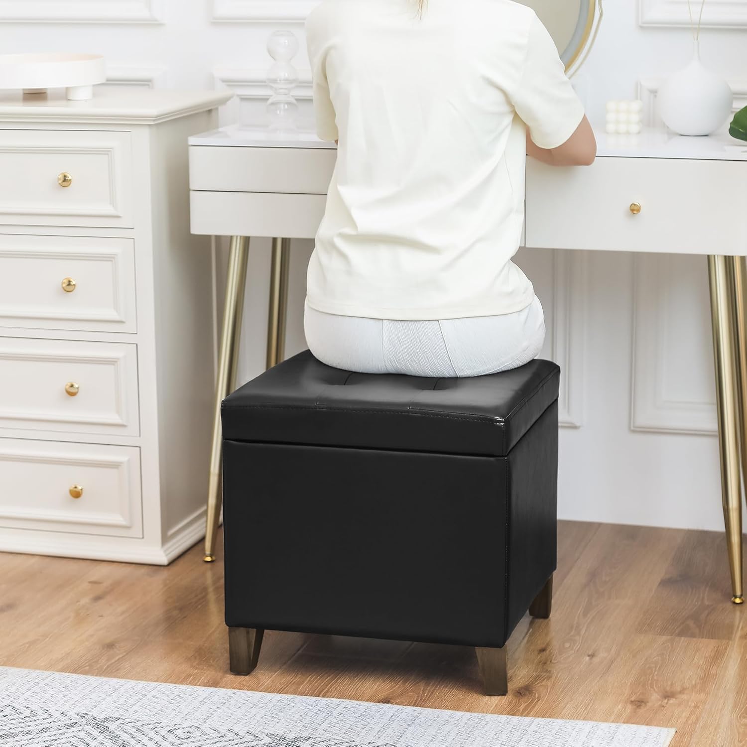 Adeco Faux Leather Storage Ottoman Bench with Solid Wood Legs, 17.7" Square Black PU Cube Foot