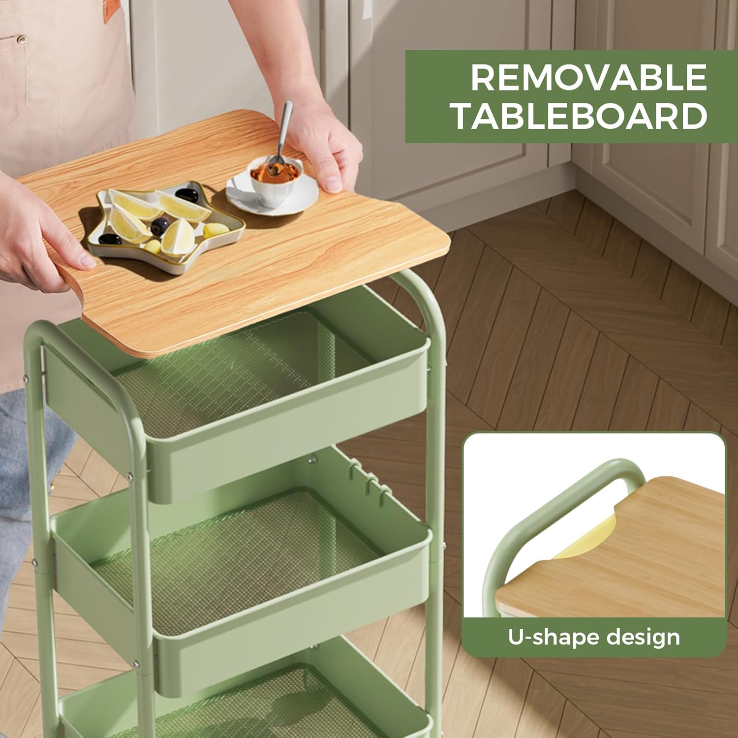 3 Tier Rolling Cart with Table top, Metal Rolling Utility Cart, Sturdy Storage Organizer Cart with