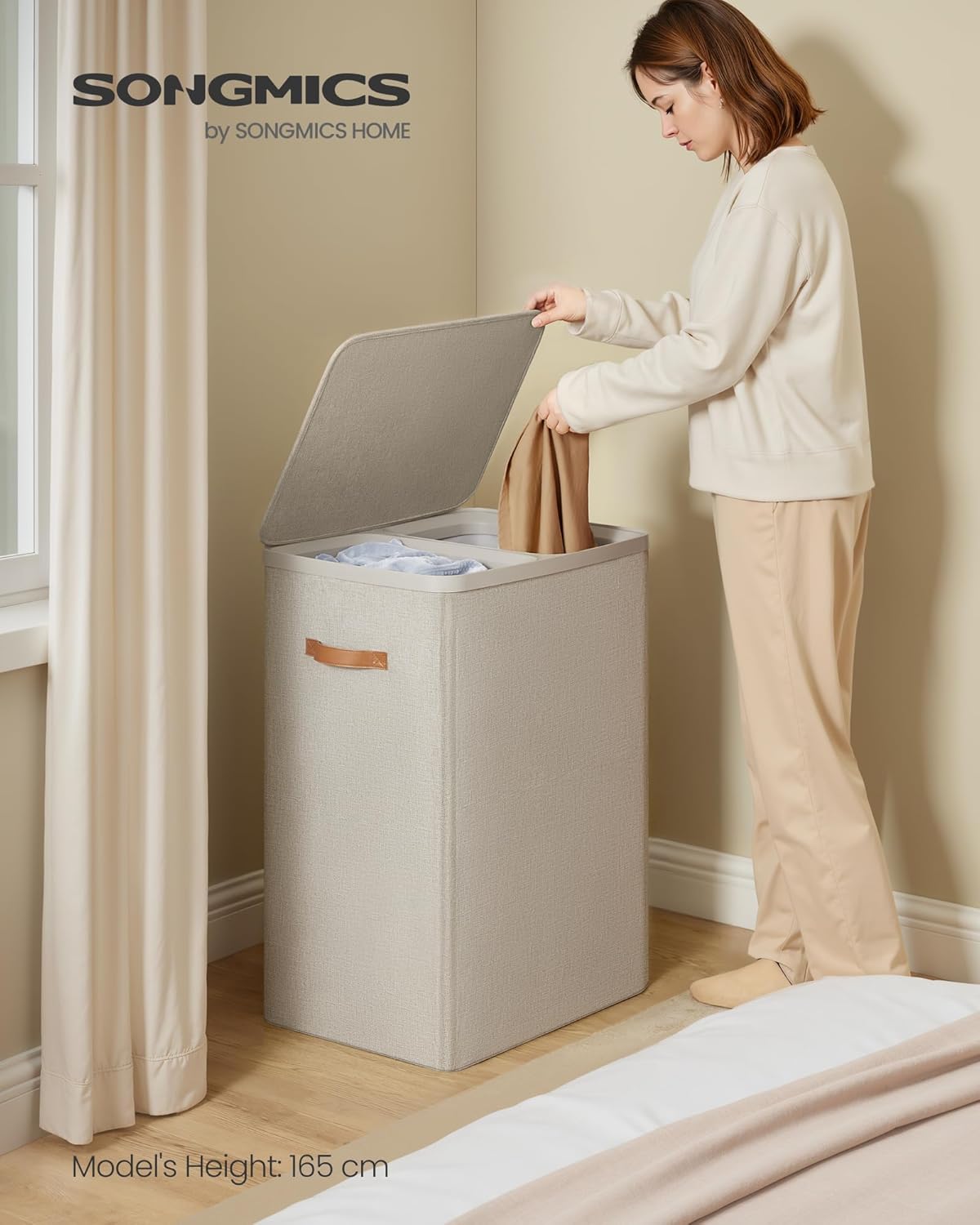 SONGMICS Laundry Basket, 44.9 Gal. Laundry Hamper, 2 Compartments, Easy Assembly, with Lid and