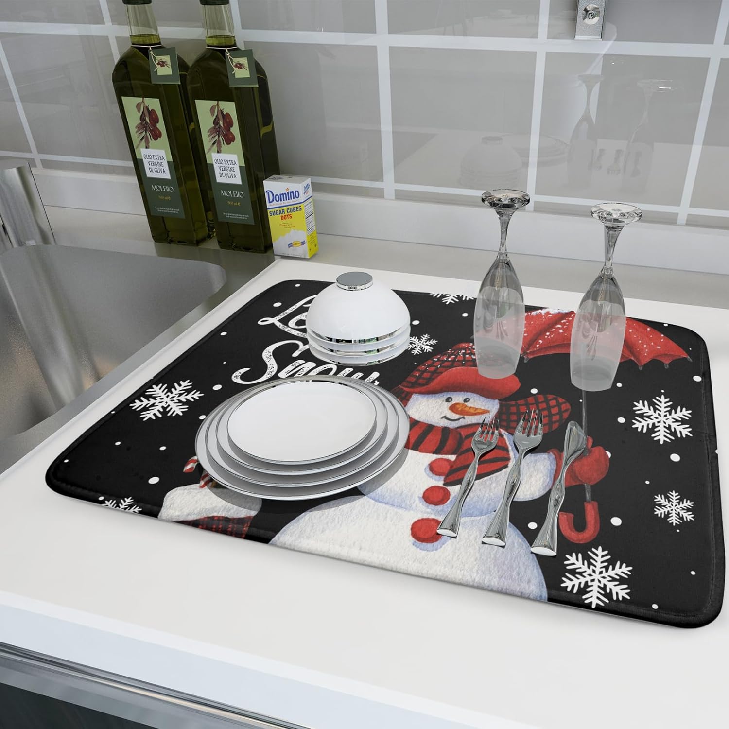 Black Snowman Dish Drying Mats for Kitchen Counter, Winter Snowflake Dish Mat Absorbent Reversible