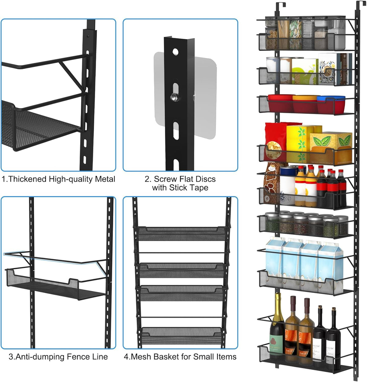 Over the Door Pantry Organizer, 8-Tier Over the Door Organizer with Adjustable Basket, Pantry Door