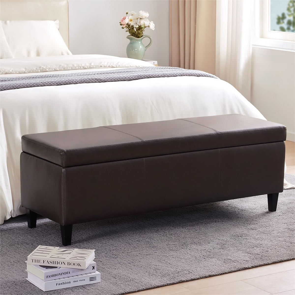 HUIMO Faux Leather Storage Ottoman Bench 50.3 Inch Extra Long PU Upholstered Bedroom Bench with