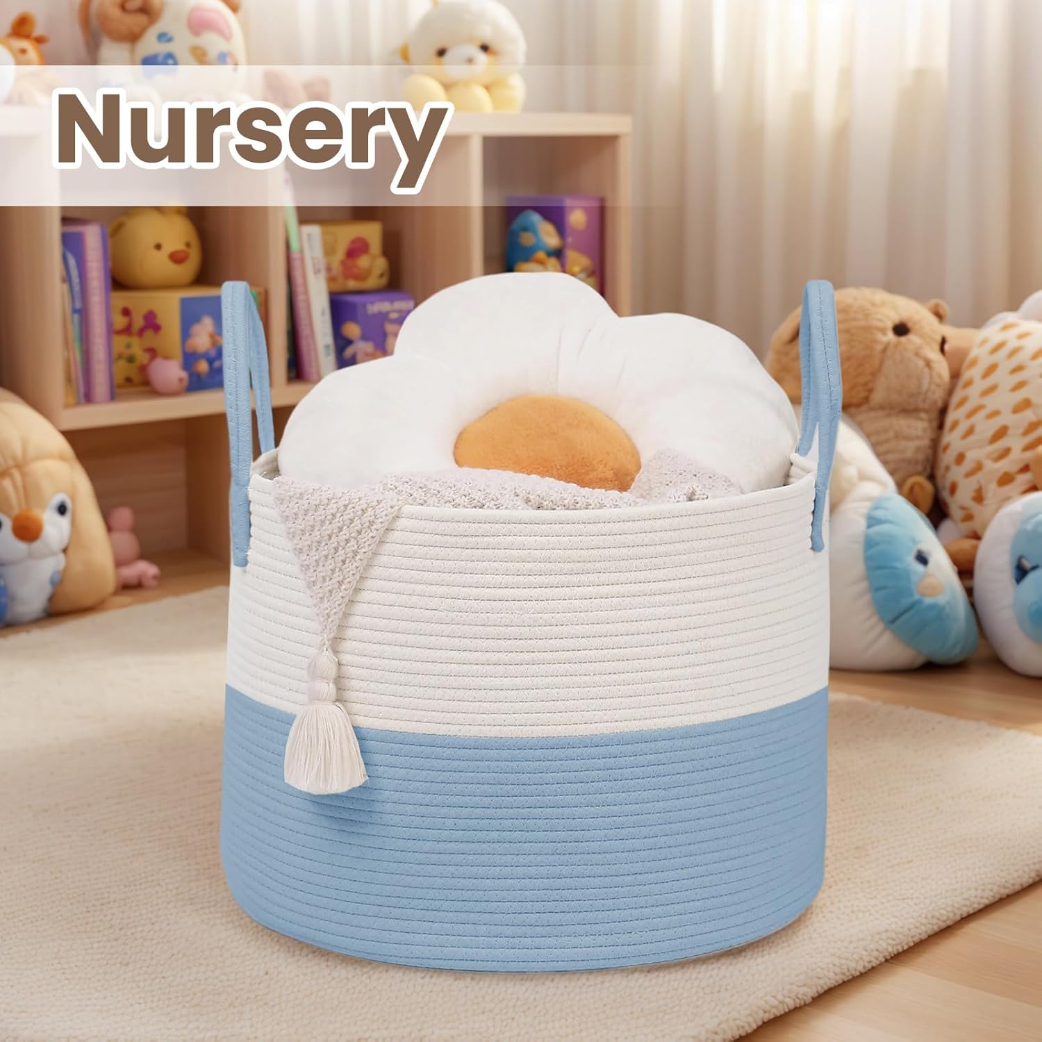 Woven Blanket Basket,65L Large Rope Storage Bin with Handles, Organizer for Blankets Toys Book and