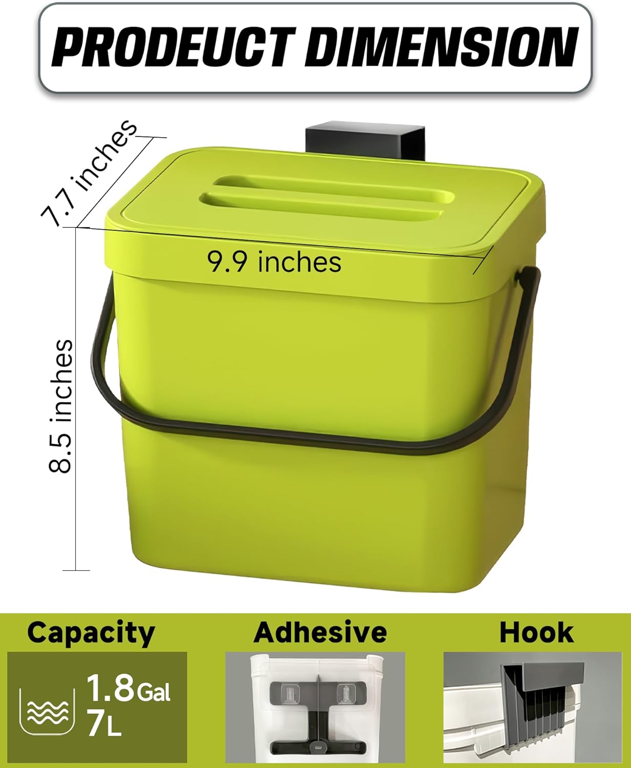 Countertop Compost Bin Kitchen, 1.8 Gallons Hanging Trash Can with Lid for Kitchen Cabinet Door