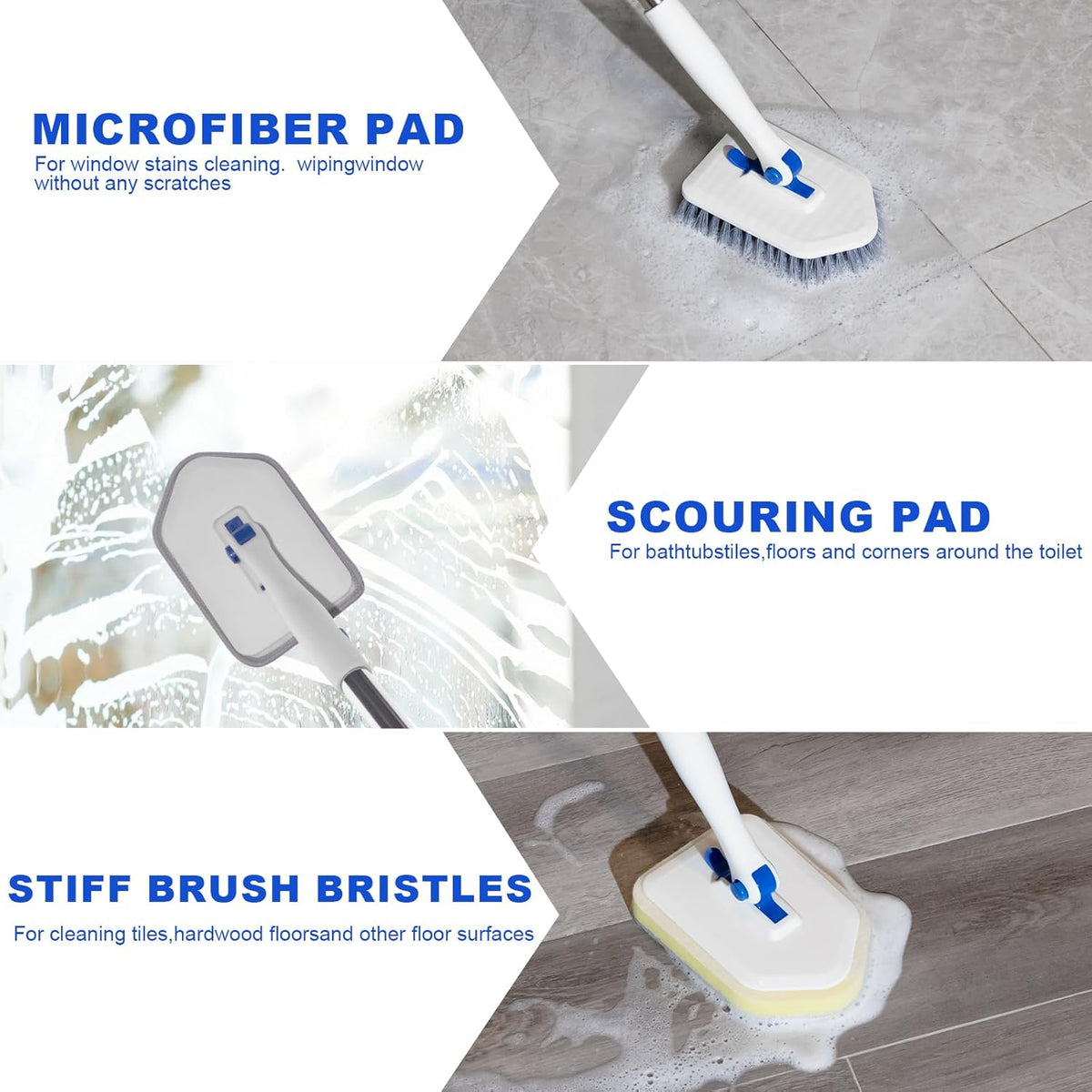 Tile Tub Scrubber Brush with 52-inch Adjustable Long Handle 3-in-1 Rotatable Shower Brush for