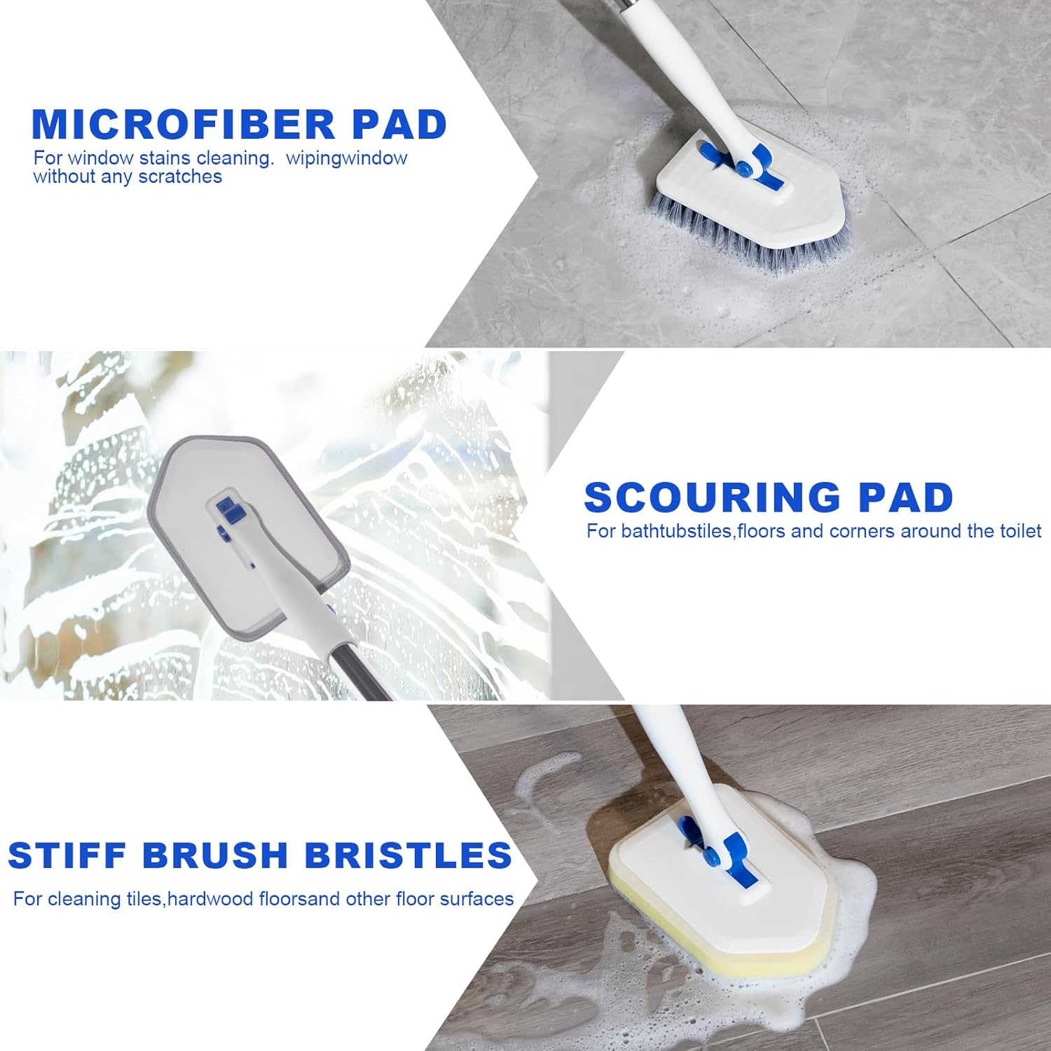 Tile Tub Scrubber Brush with 52-inch Adjustable Long Handle 3-in-1 Rotatable Shower Brush for