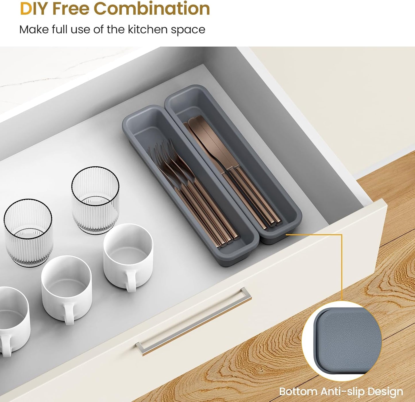 2 Pack Silicone Silverware Drawer Organizer, DIY Free Combination Kitchen Drawer Organizer, Utensil