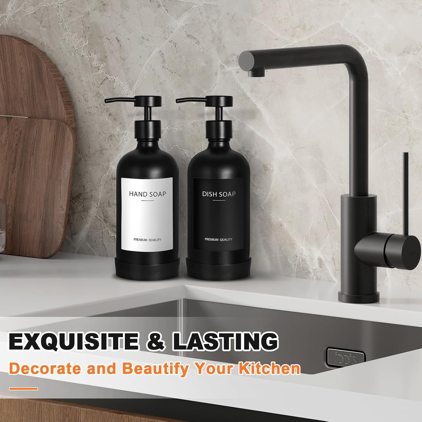 Black Glass Soap Dispenser with Stainless Steel Pump, 16.9 Fl oz Soap Dispenser Set for Kitchen