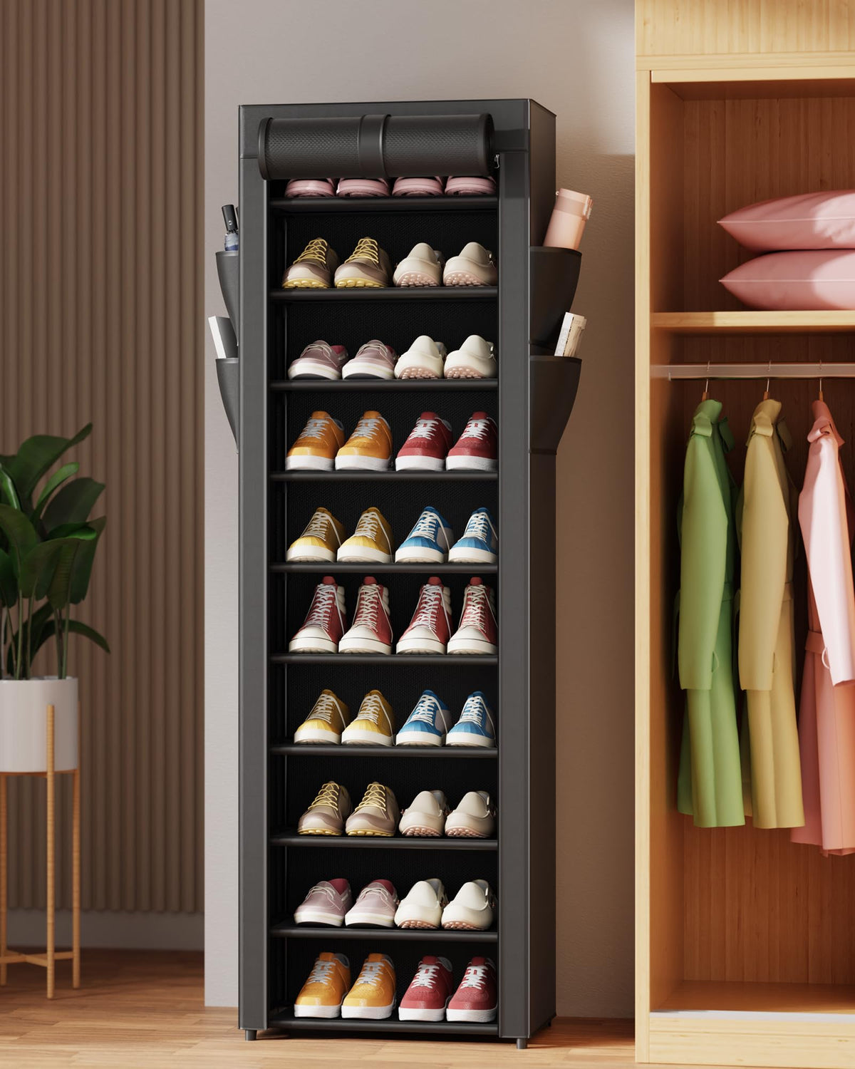Kitsure 10-Tier Shoe Rack with Cover, Vertical Shelf, 17.5" Wide, Black