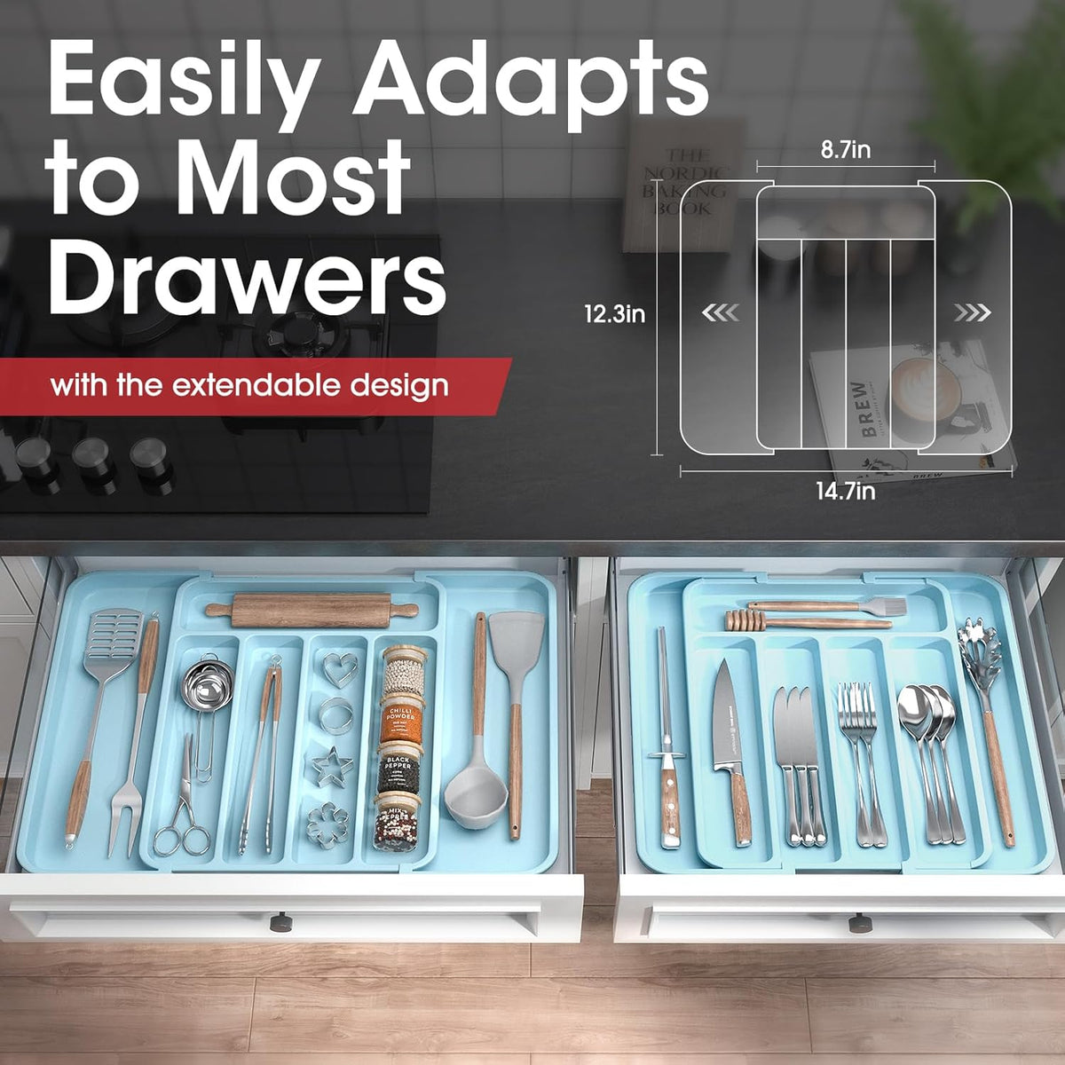 Aujen Silverware Organizer - Expandable Kitchen Drawer Organizer, Adjustable Utensil Organizer