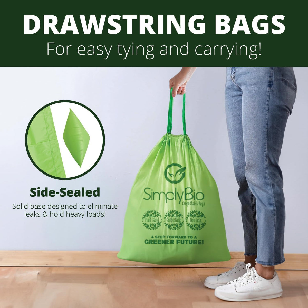 Simply Bio 13 Gallon Compostable Trash Bags Liners Drawstring, Heavy Duty Extra Thick 1 Mil, 49.21