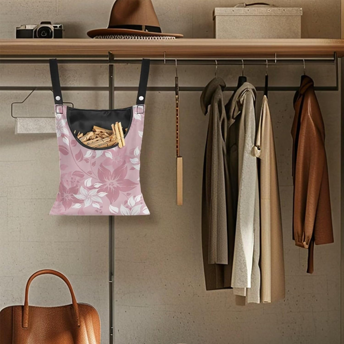 Reinforced Outdoor Clothespin Storage - Minimalist Pink Flower Print Windproof Hanging Bag with