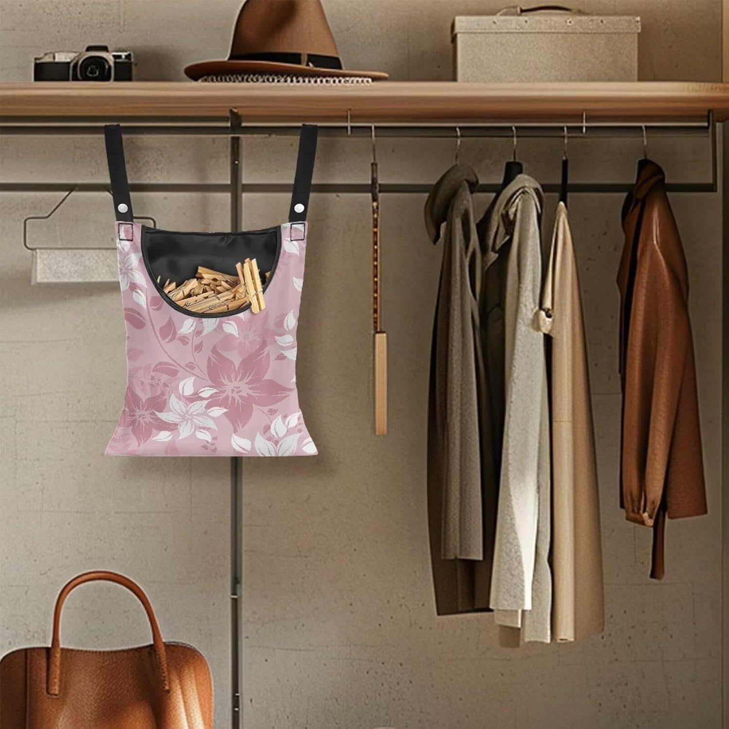 Reinforced Outdoor Clothespin Storage - Minimalist Pink Flower Print Windproof Hanging Bag with