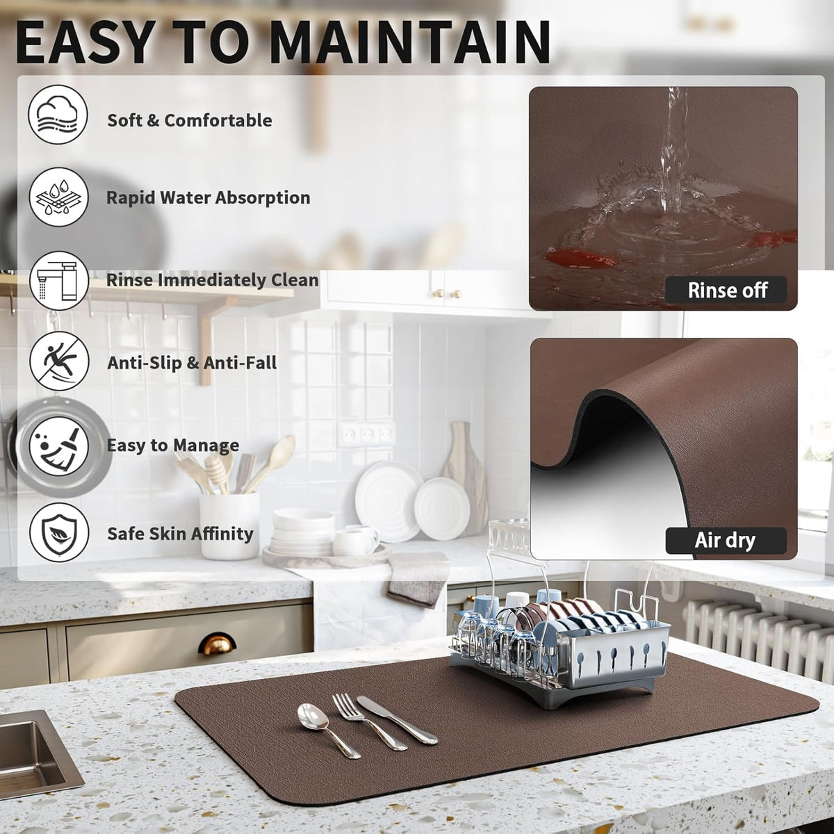 Dish Drying Mat for Kitchen Counter, Heat Resistant Drainer Mats with Non-slip Rubber Backed, Hide