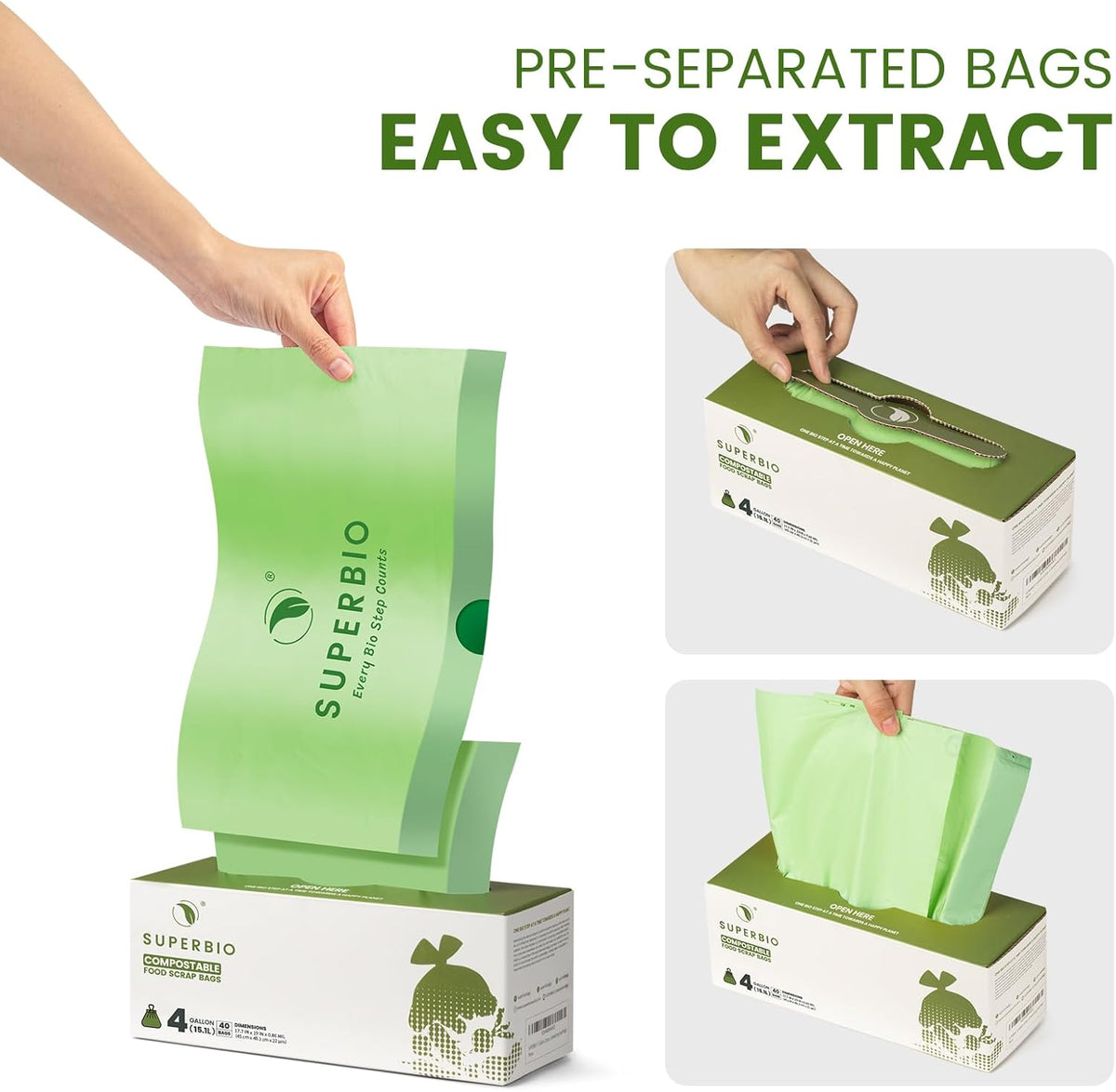 SUPERBIO 4 Gallon Compostable Drawstring Food Scrap Bags,15.1 Liter, 40 Count, 0.9 Mil,Heavy Duty