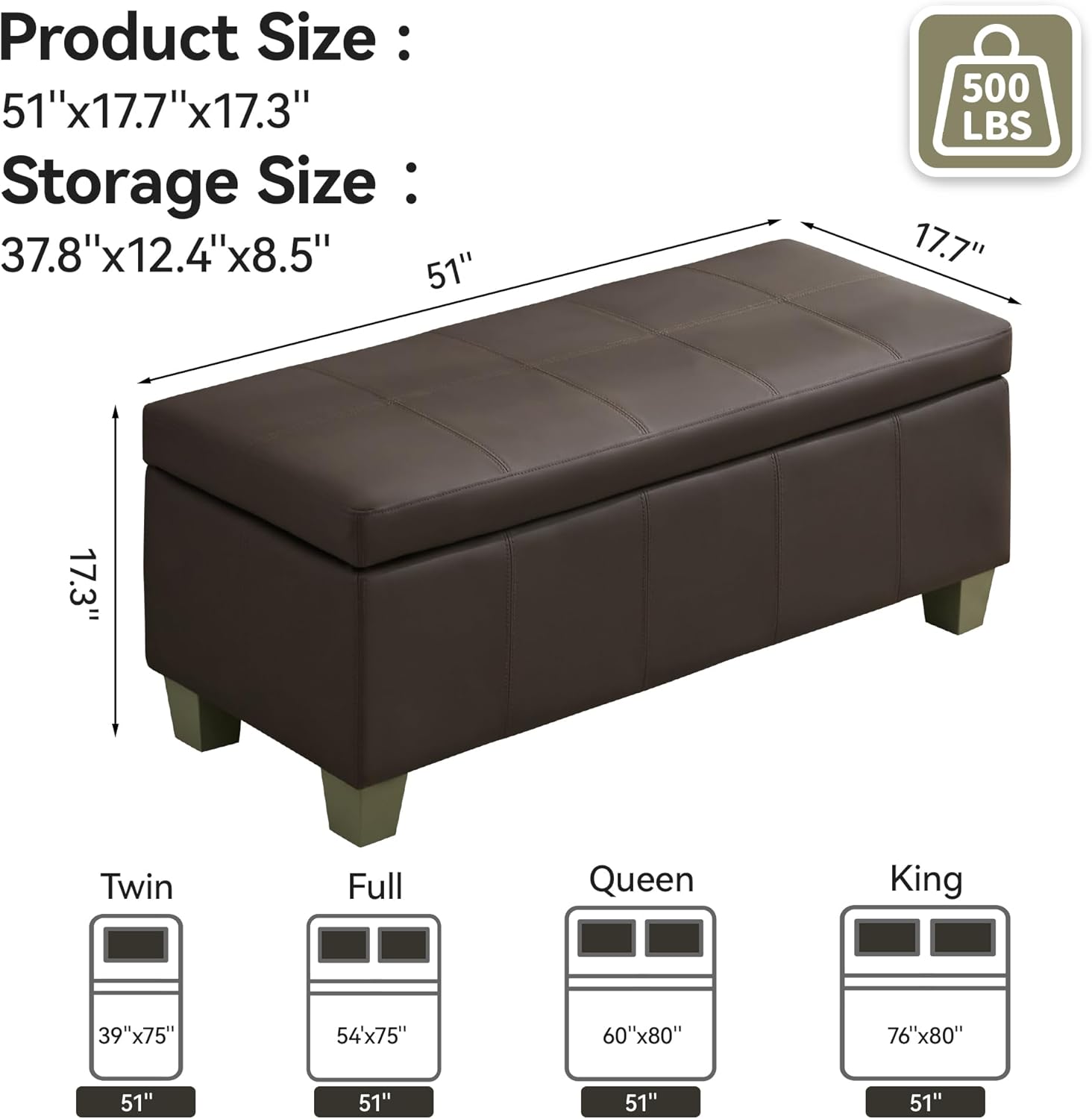 51" Faux Leather Storage Ottoman, Stitch Tufted Rectangle Upholstered End of Bed Storage Bench