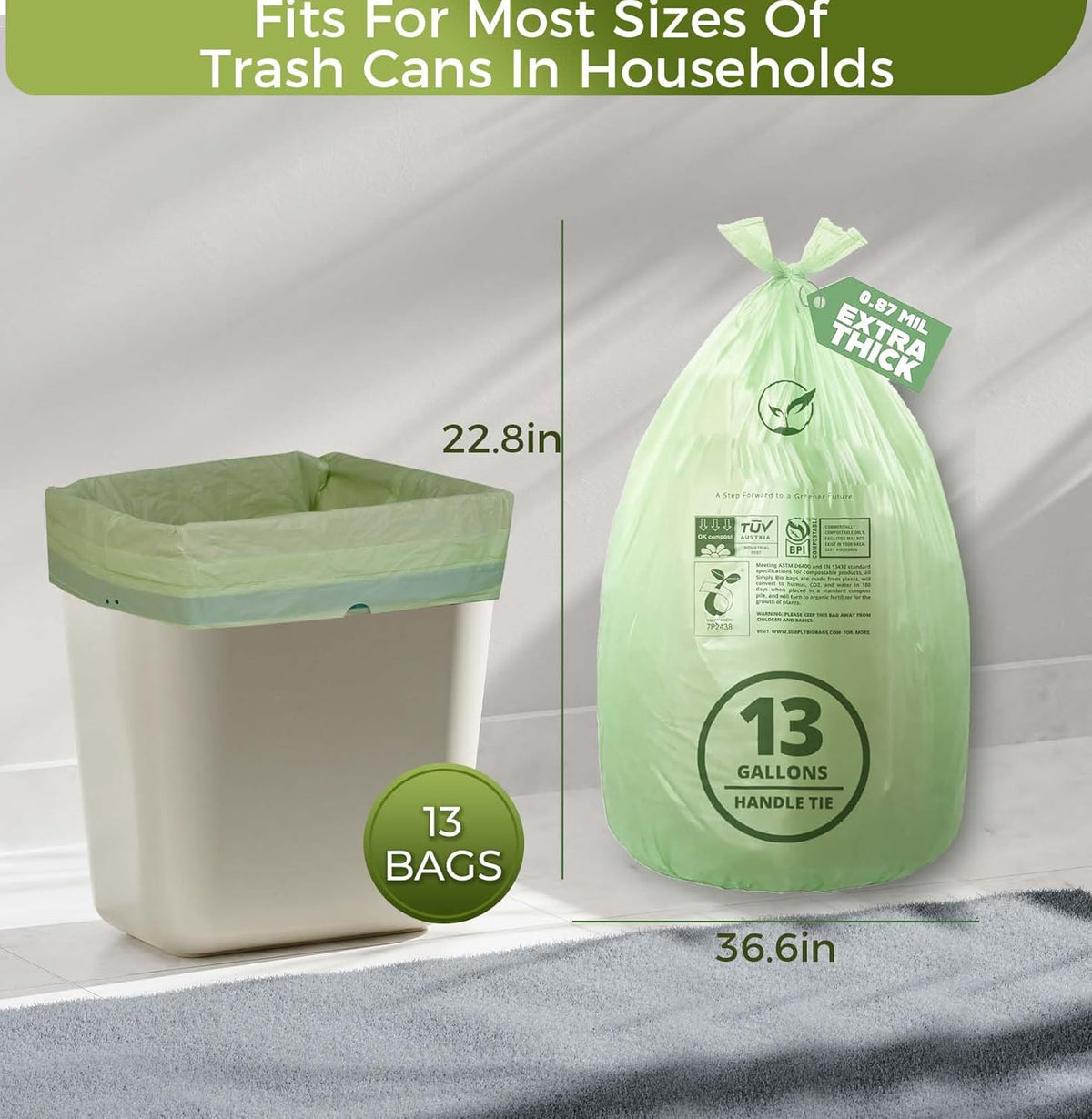 13 Gallon Compostable Trash Bags with Handle-Tie, Thick 0.87 Mil, 49.21 Liter, 30 Bags, Tall