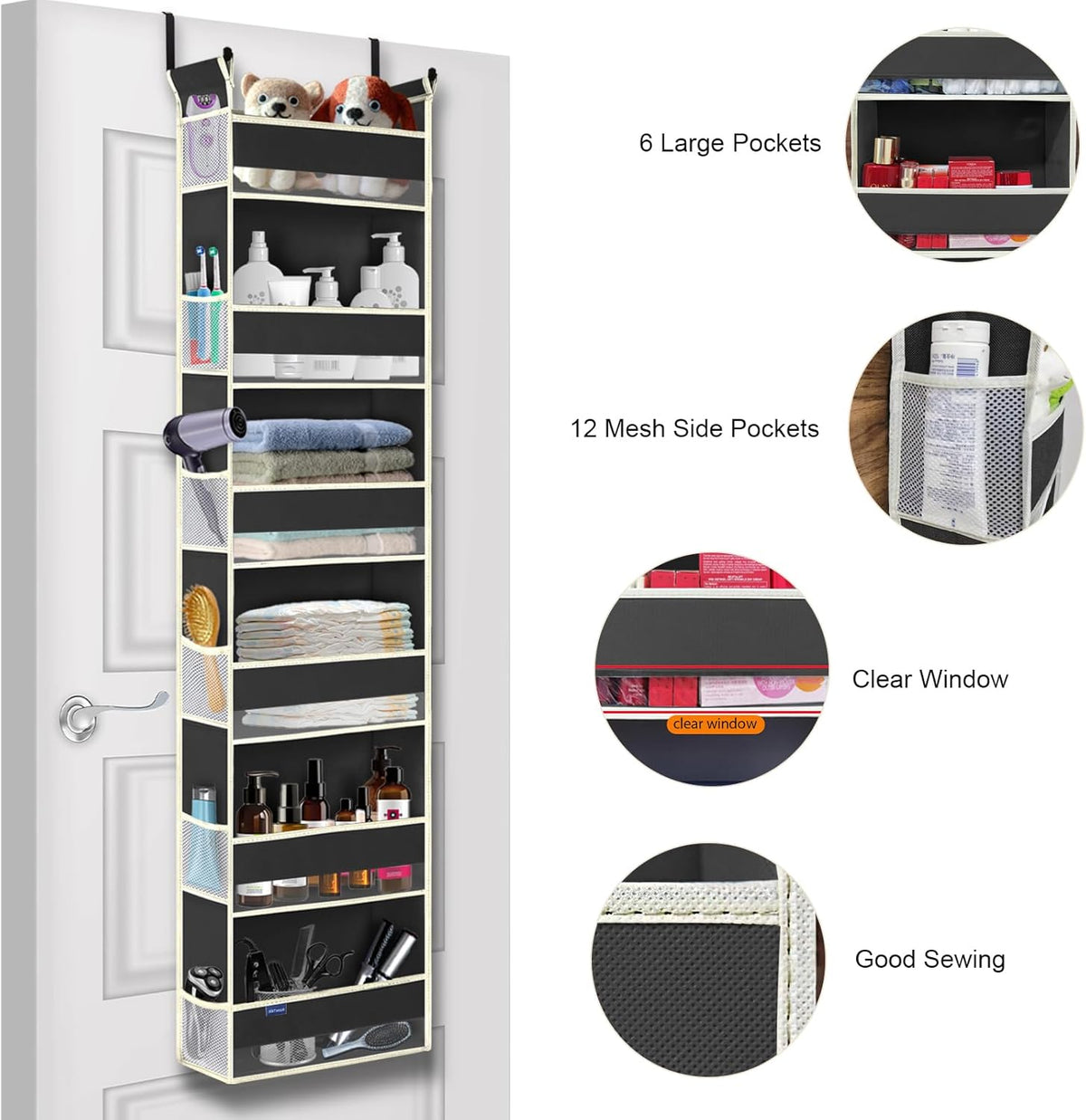 Over The Door Hanging Organizer 6-Shelves and 12 Side Pockets, Over The Door Storage Organizer