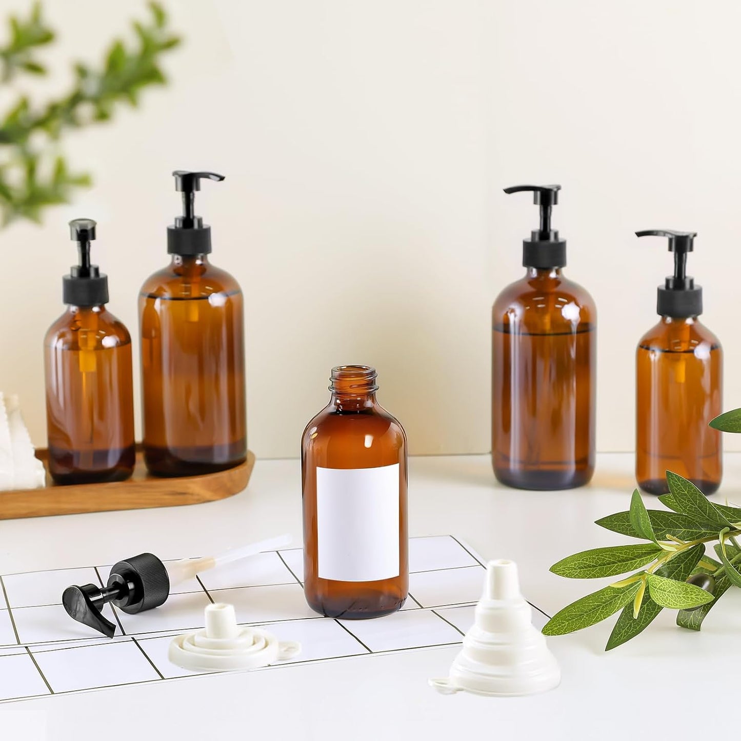 12 Pack Amber Glass Bottles 8oz with Pump Dispensers, Refillable Empty Pump Bottles for Bathroom