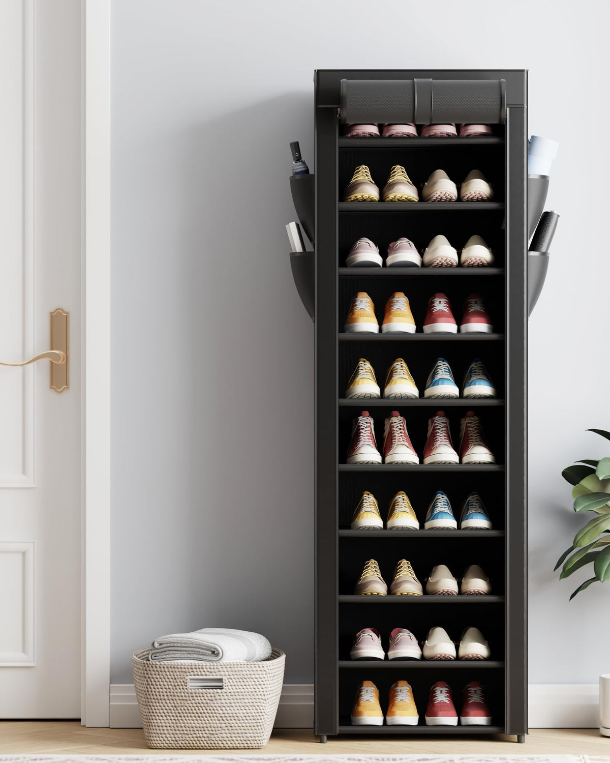 Kitsure 10-Tier Shoe Rack with Cover, Vertical Shelf, 17.5" Wide, Black