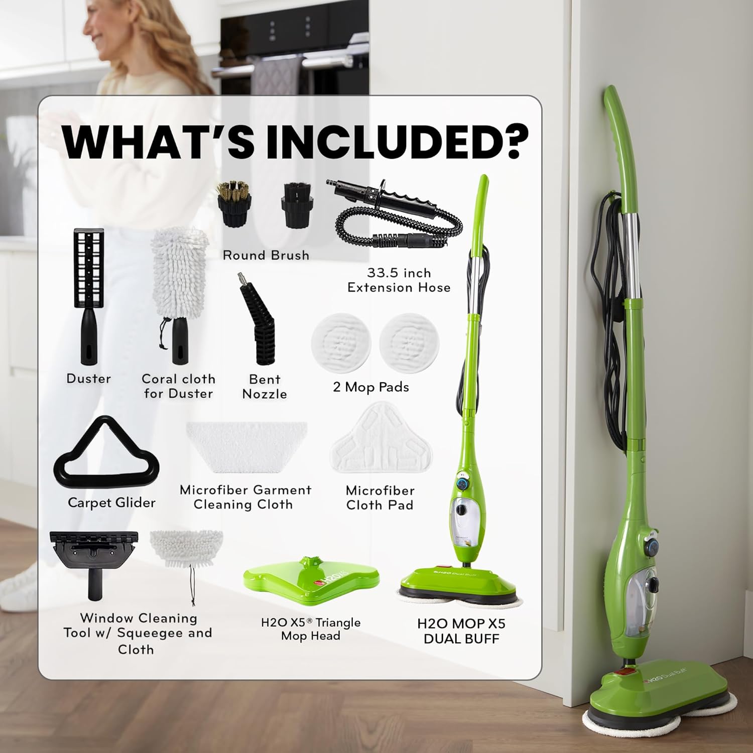H2O X5 Dual Buff Steam Mop, 8 in 1 Handheld Steam Cleaner For Kitchen Tile Floors, Hardwood Floors