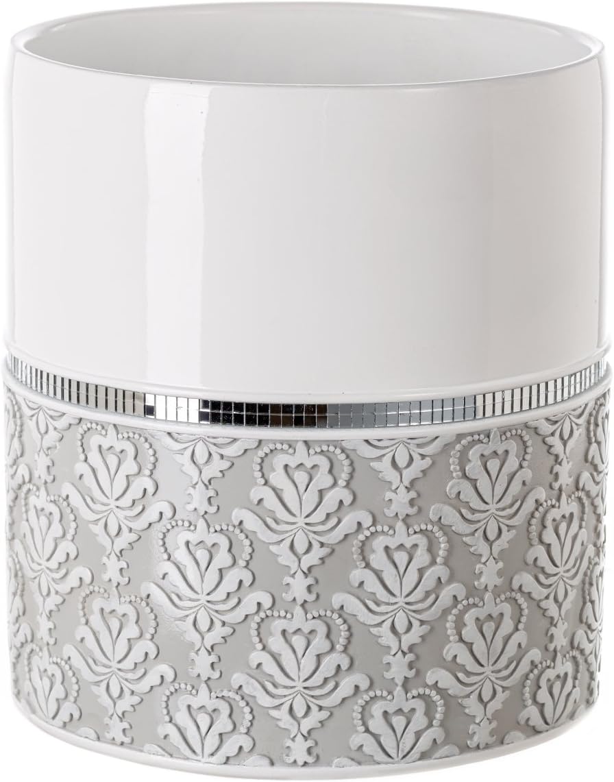 Creative Scents Mirror Damask White and Gray Bathroom Accessories Set - 6 Piece Bathroom Accessory