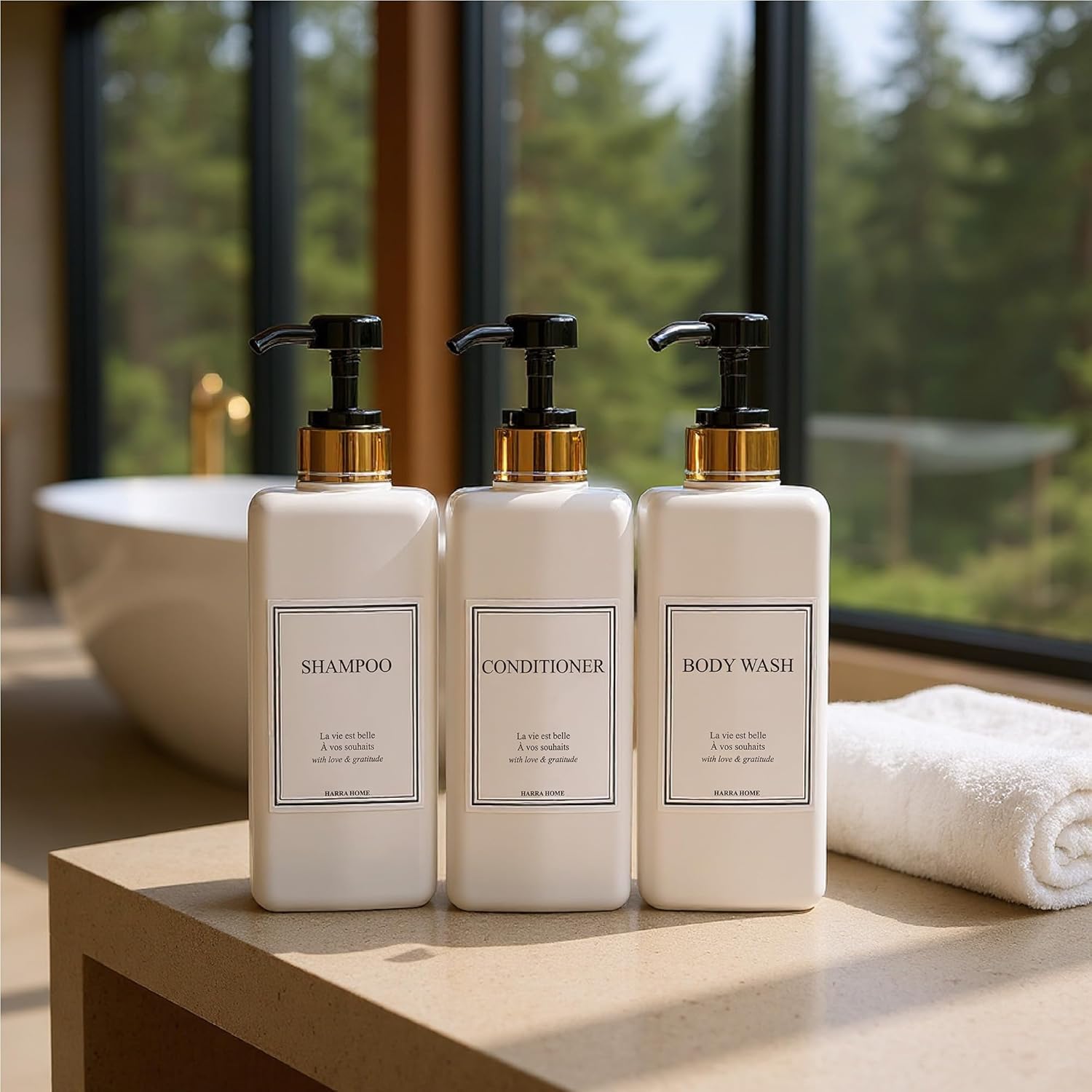 Modern Gold Design Large 27 oz Shampoo and Conditioner Dispensers - Empty Plastic Refillable Pump