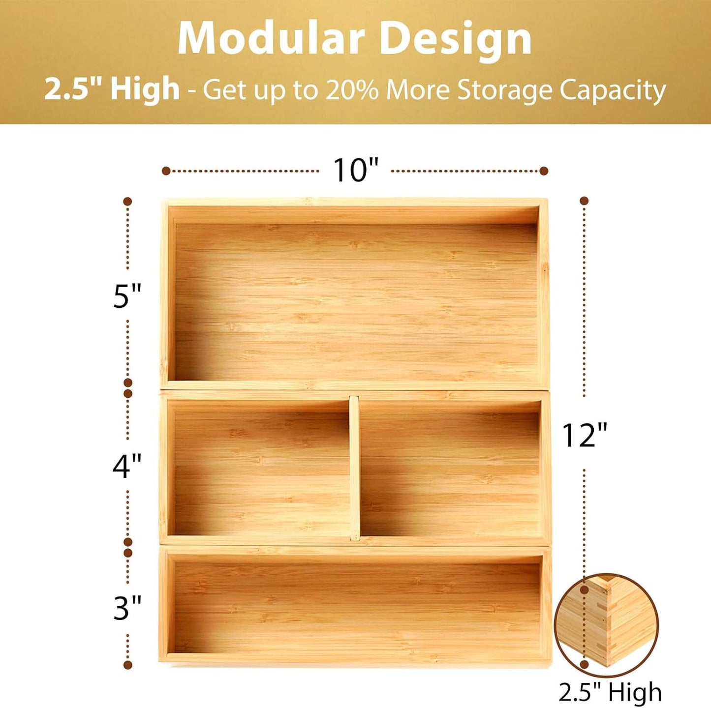 Umilife Drawer Organizer Storage Boxes, 2.5" High Bamboo Drawer Dividers, 3 Rearrangeable Bins for