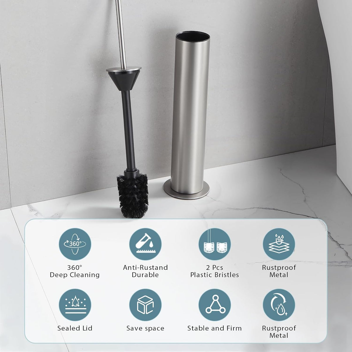 BGL Toilet Brush and Holder Set, Heavy Duty 304 Stainless Steel, Round Base and Long Handle for