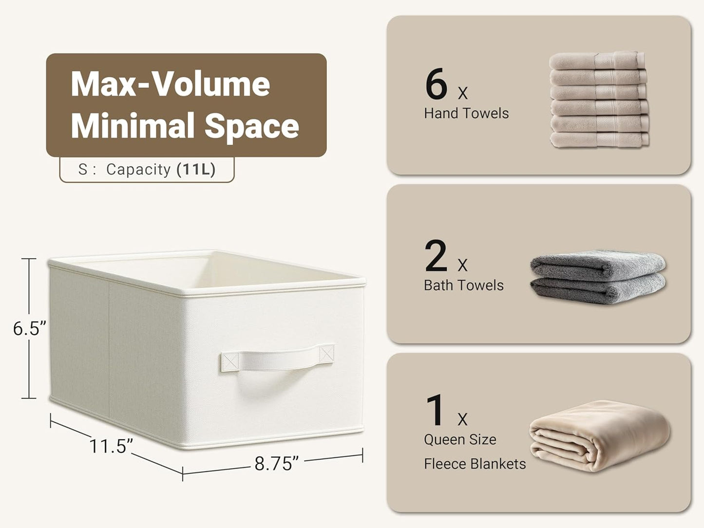3 Pack Fabric Storage Bins for Shelves | 11.5x8.75x6.5in Storage Baskets | Fabric Closet Organizers