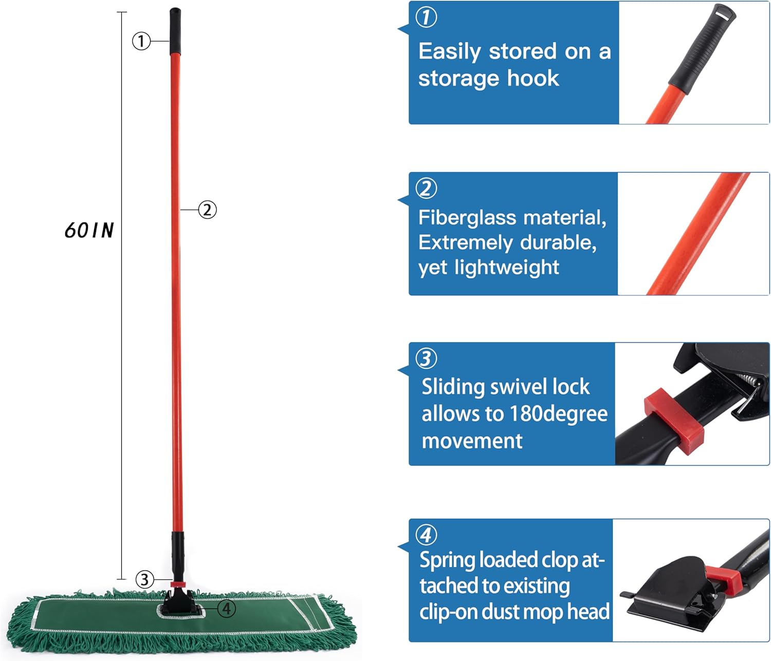 Matthew Cleaning Jaw Clamp Mop Handle, Snap-On Fiberglass Dust Mop Handle for Floor Cleaning