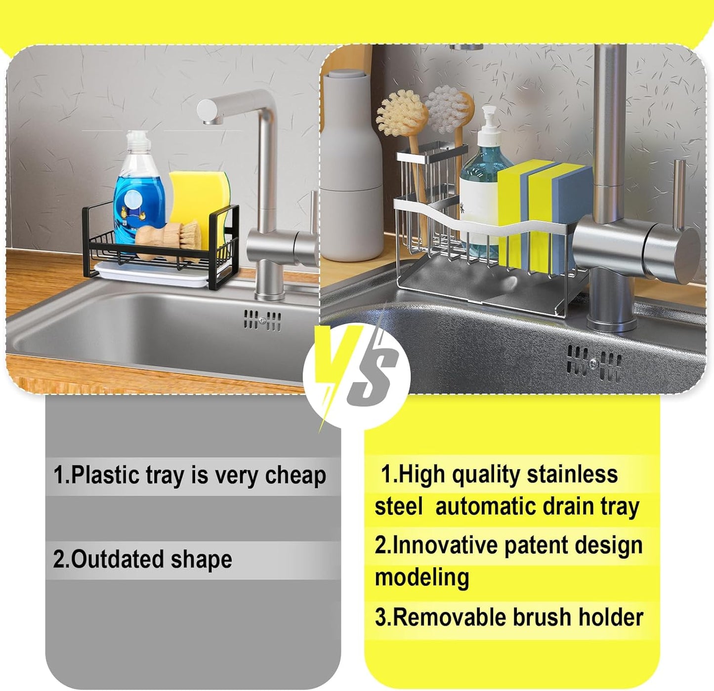 Maifan Sink Caddy Sponge Holder for Kitchen with Brush Holder and Stainless Steel Self Drain Tray