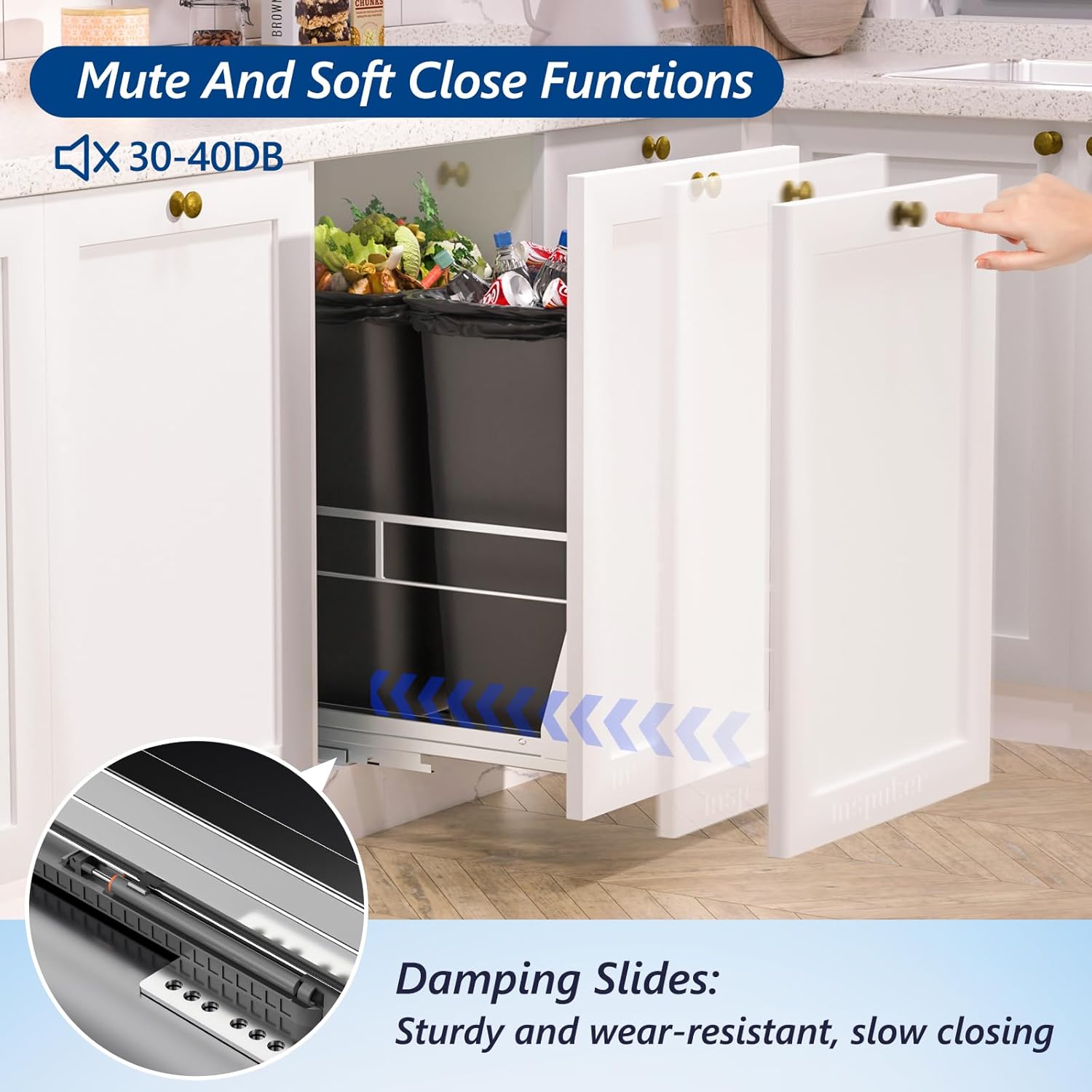 Insputer Dual Pull Out Trash Can Under Cabinet with Soft-Close Slides, Heavy Duty Under Sink Trash