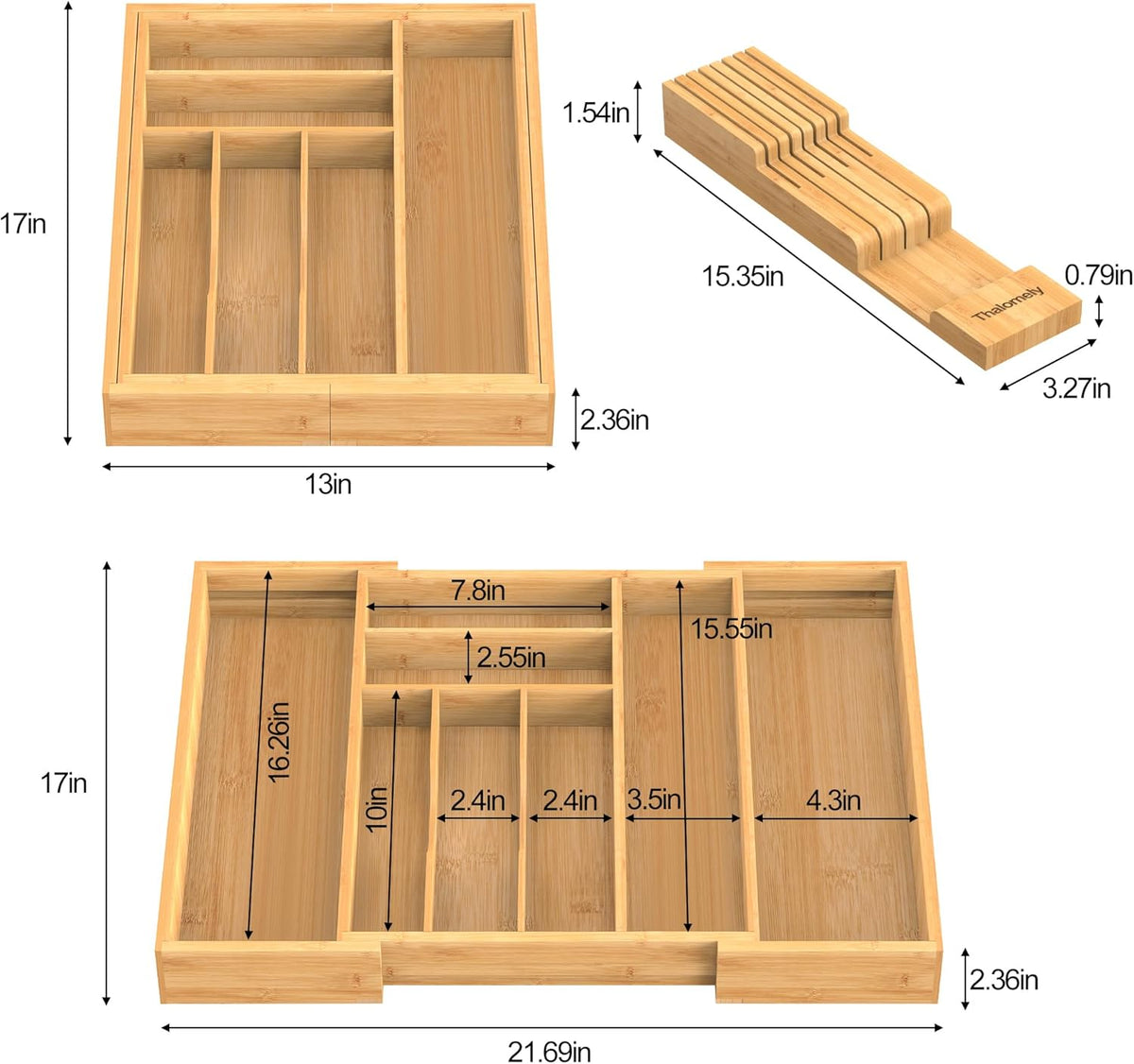Bamboo Kitchen Drawer Organizer, Expandable Utensil Organizer with Removable Knife Block, Cutlery