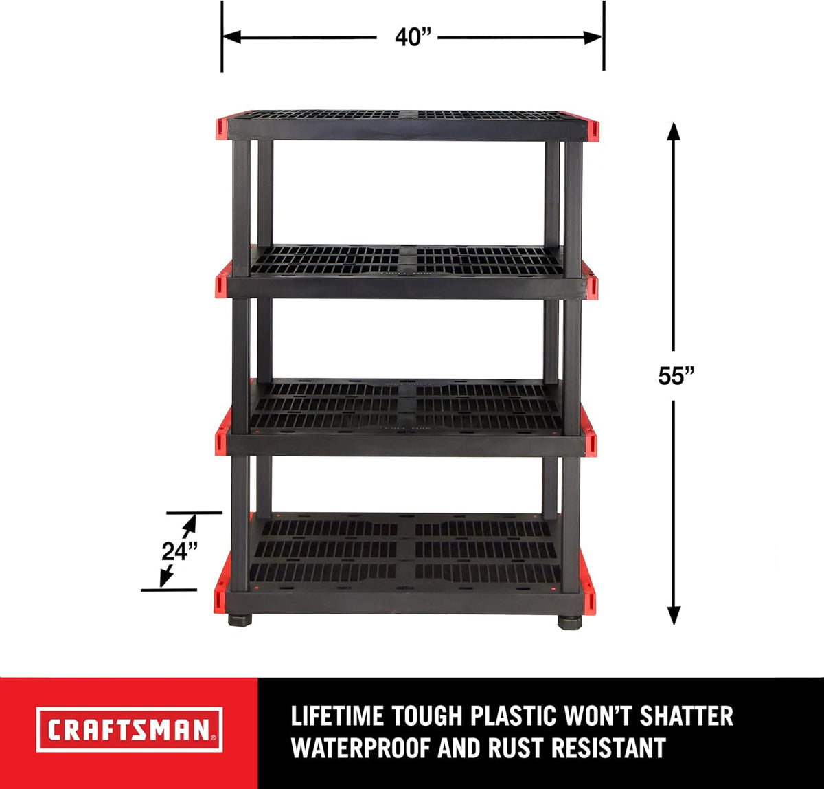 CX Craftsman, 4-Tier Highly Durable Storage Rack, 200lbs/shelf, (55”H x 40”W x 24”D), Interlocking