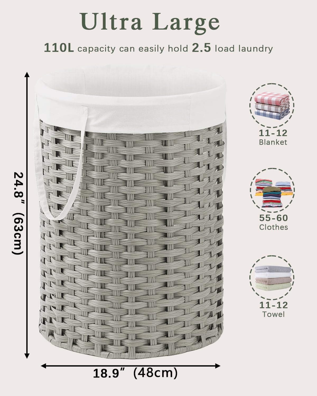 Laundry Basket Round Rattan Laundry Hamper 29.1 Gal (110 L) Handwoven Large Wicker Basket with