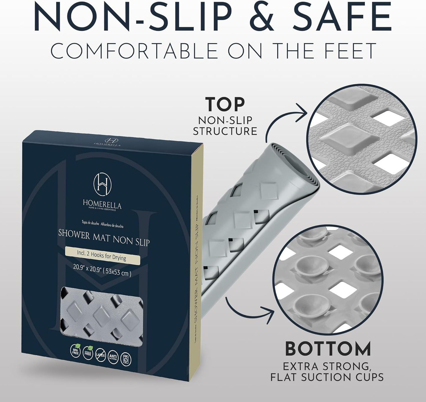 Homerella Anti Slip Shower Mat | Anti Mold Non Slip Bathtub Mat for Inside Shower | Square Floor