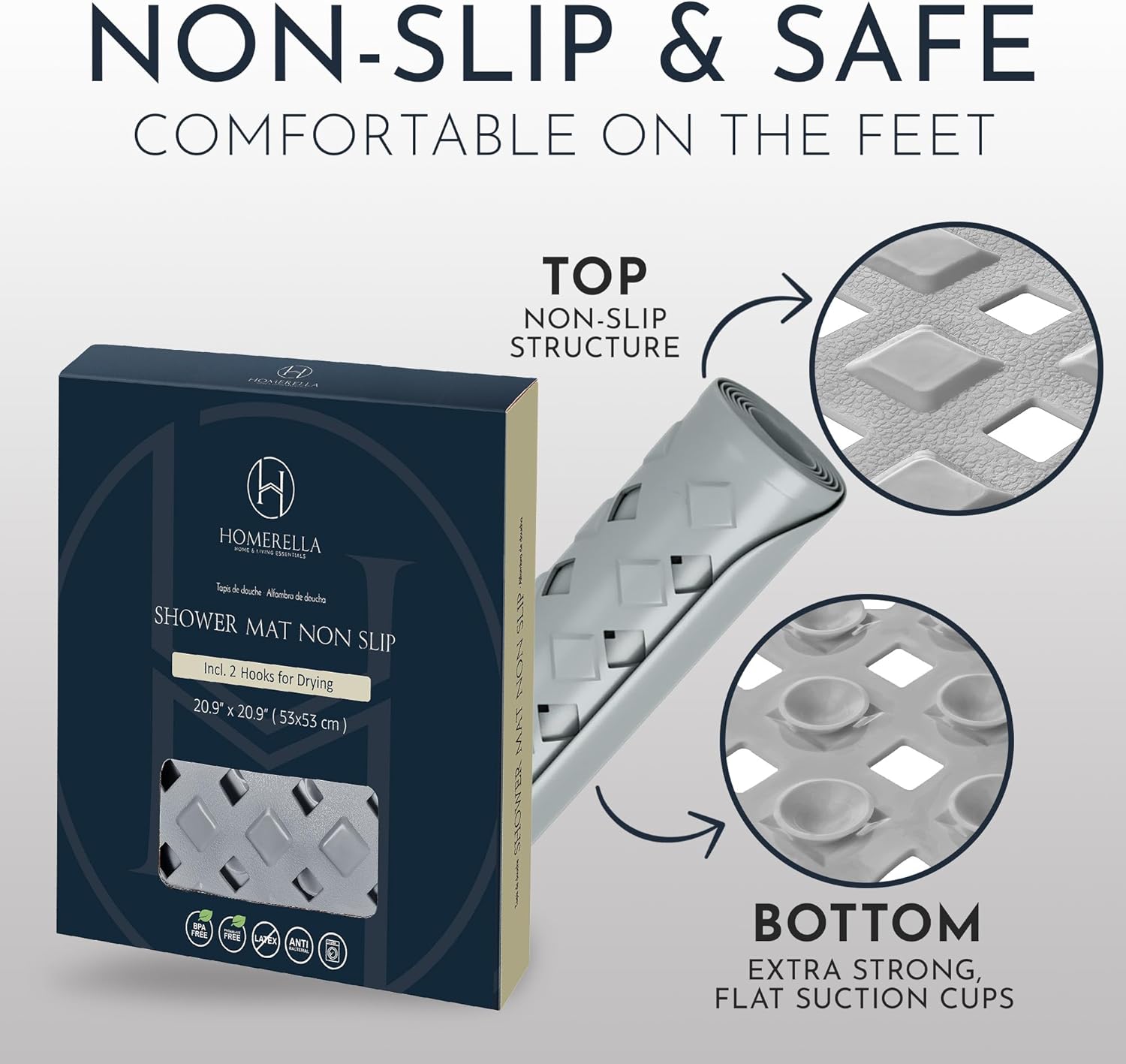 Homerella Anti Slip Shower Mat | Anti Mold Non Slip Bathtub Mat for Inside Shower | Square Floor