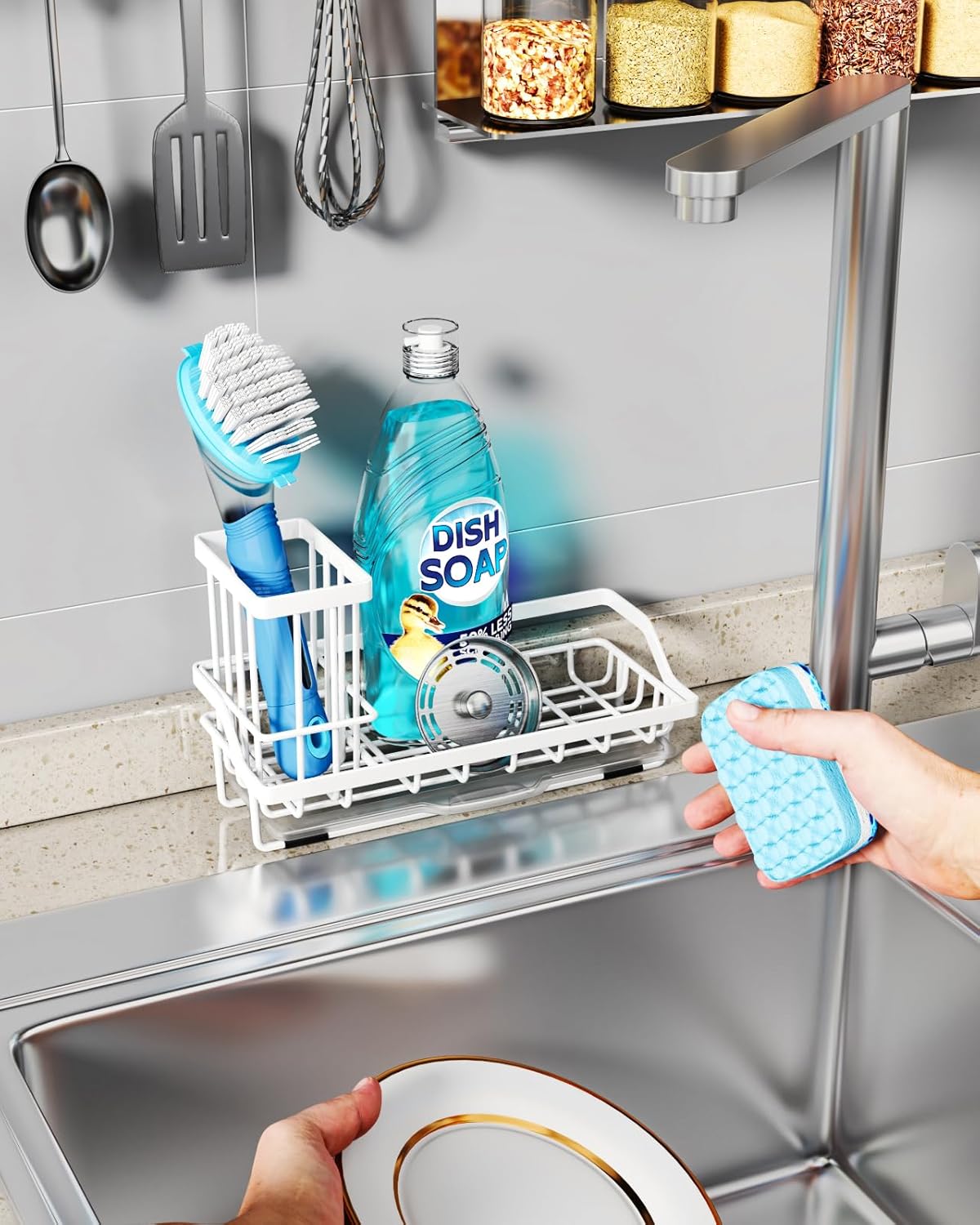 Consumest Sponge Holder for Kitchen Sink - Sink Caddy Organizer with Removable Drip Tray for